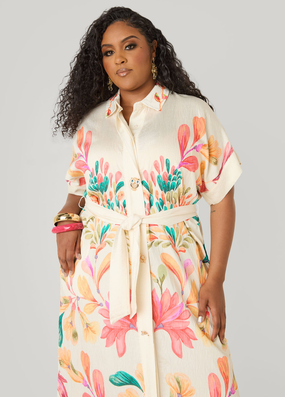 Floral Print Maxi Shirtdress Calypso Coral | Ashley Stewart
