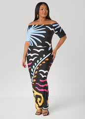 Tropical Off The Shoulder Dress Black Combo | Ashley Stewart