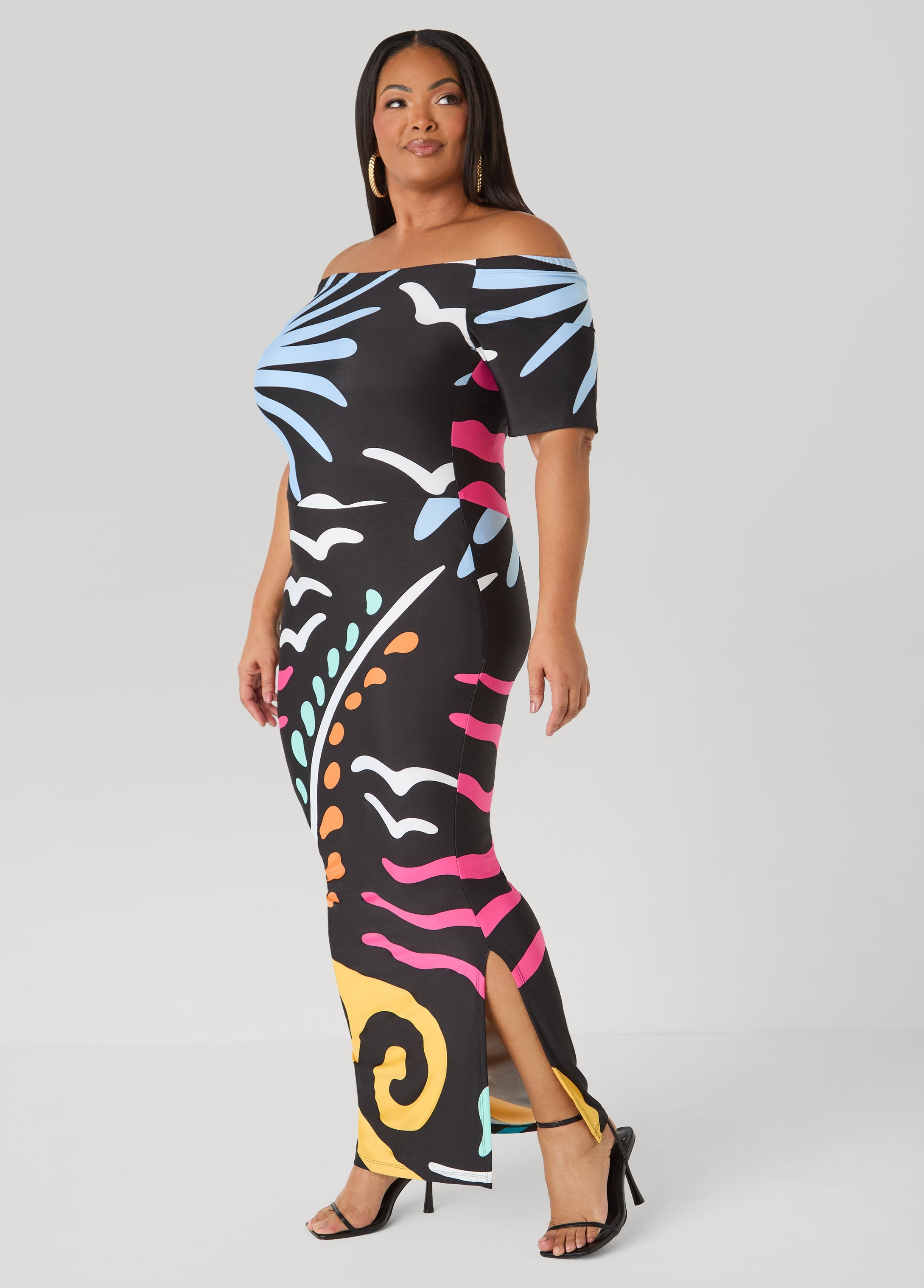 Tall Tropical Off The Shoulder Dress Black Combo | Ashley Stewart