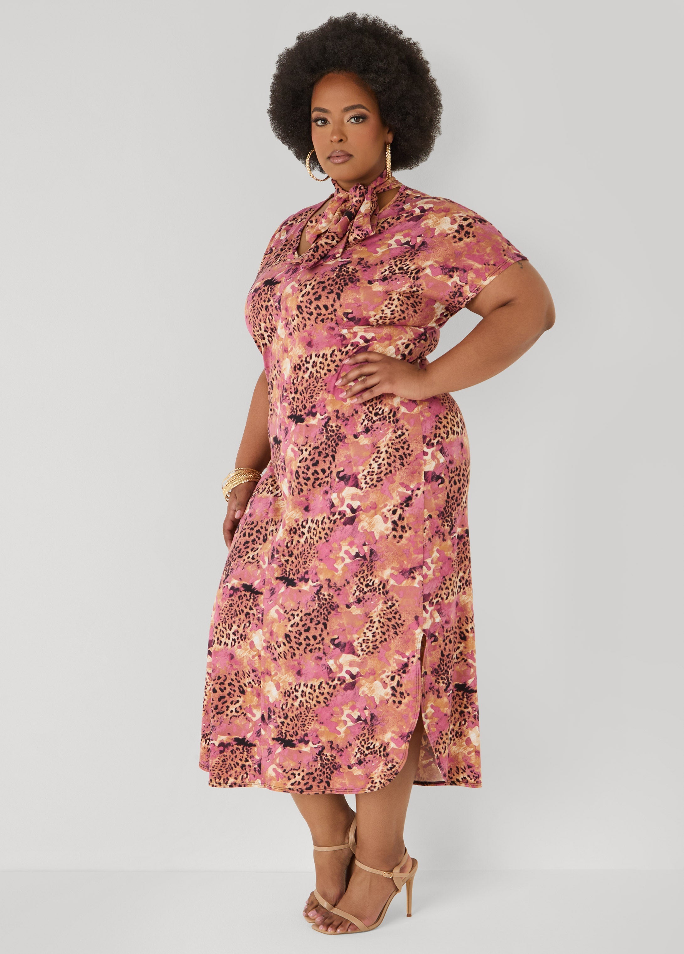 Tie Neck Printed Midaxi Dress Confetti | Ashley Stewart