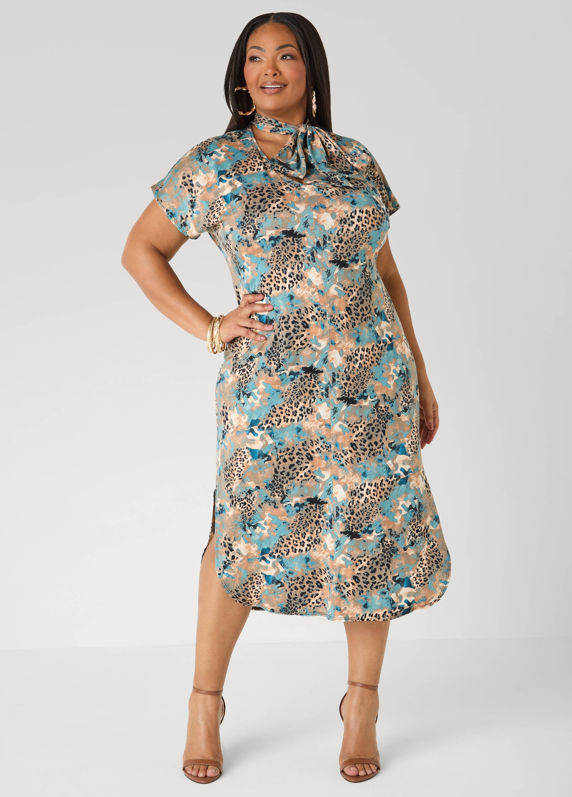 Tie Neck Printed Midaxi Dress Confetti | Ashley Stewart