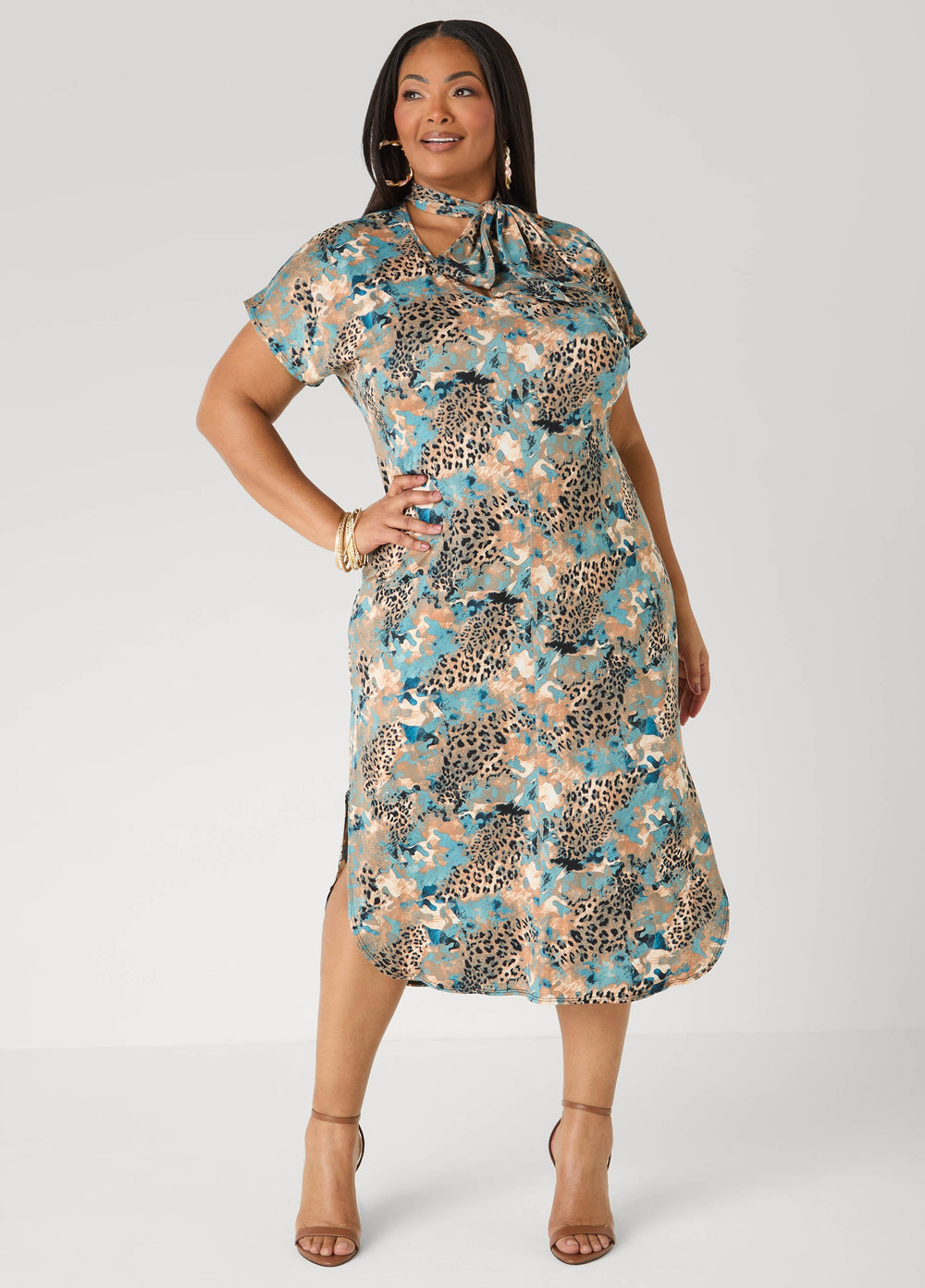 Tie Neck Printed Midaxi Dress Confetti | Ashley Stewart