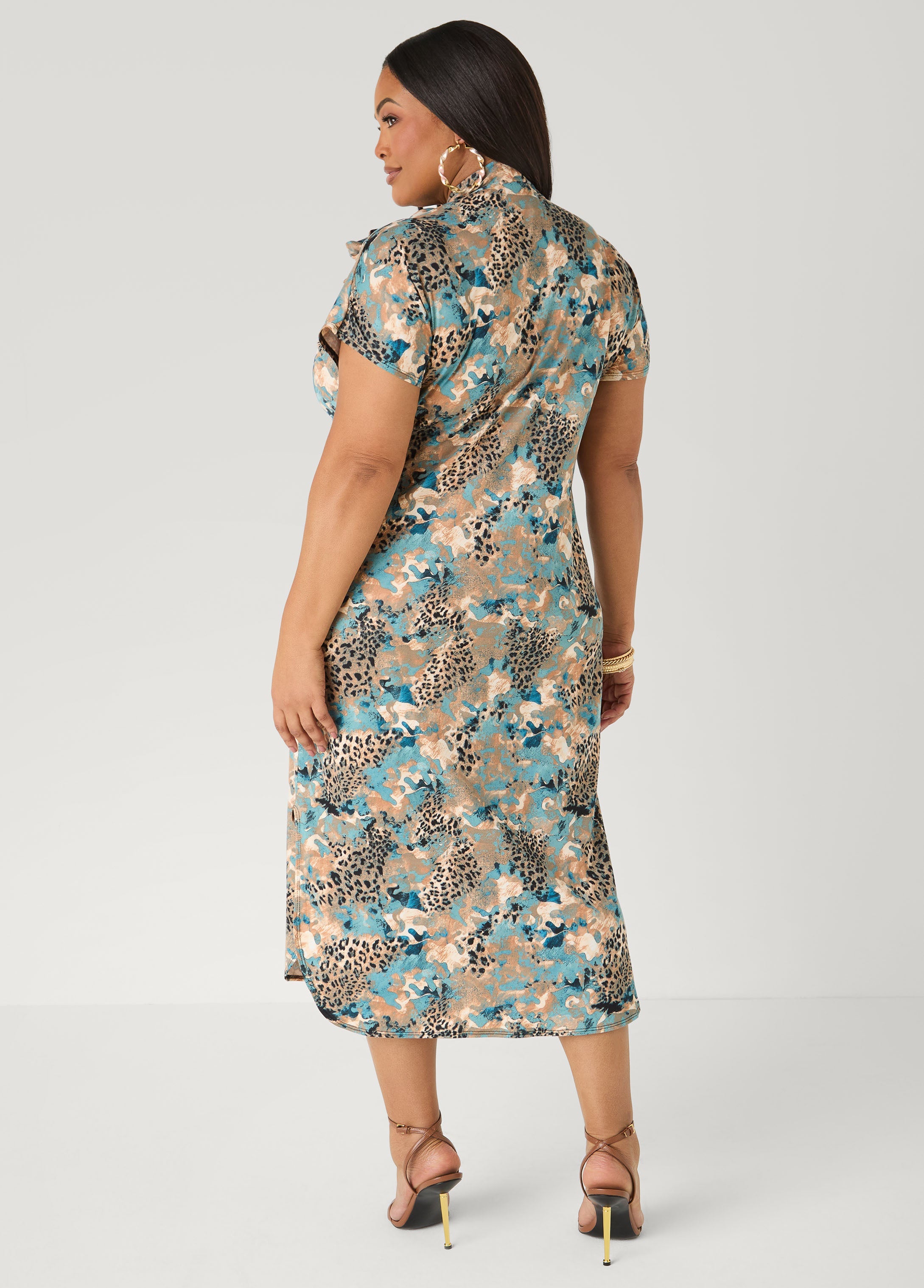 Tie Neck Printed Midaxi Dress Confetti | Ashley Stewart