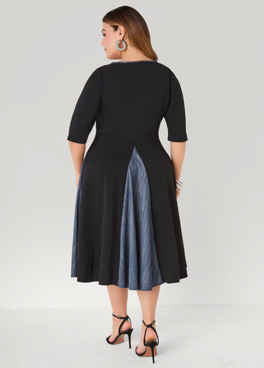 Denim Paneled A Line Dress Black | Ashley Stewart