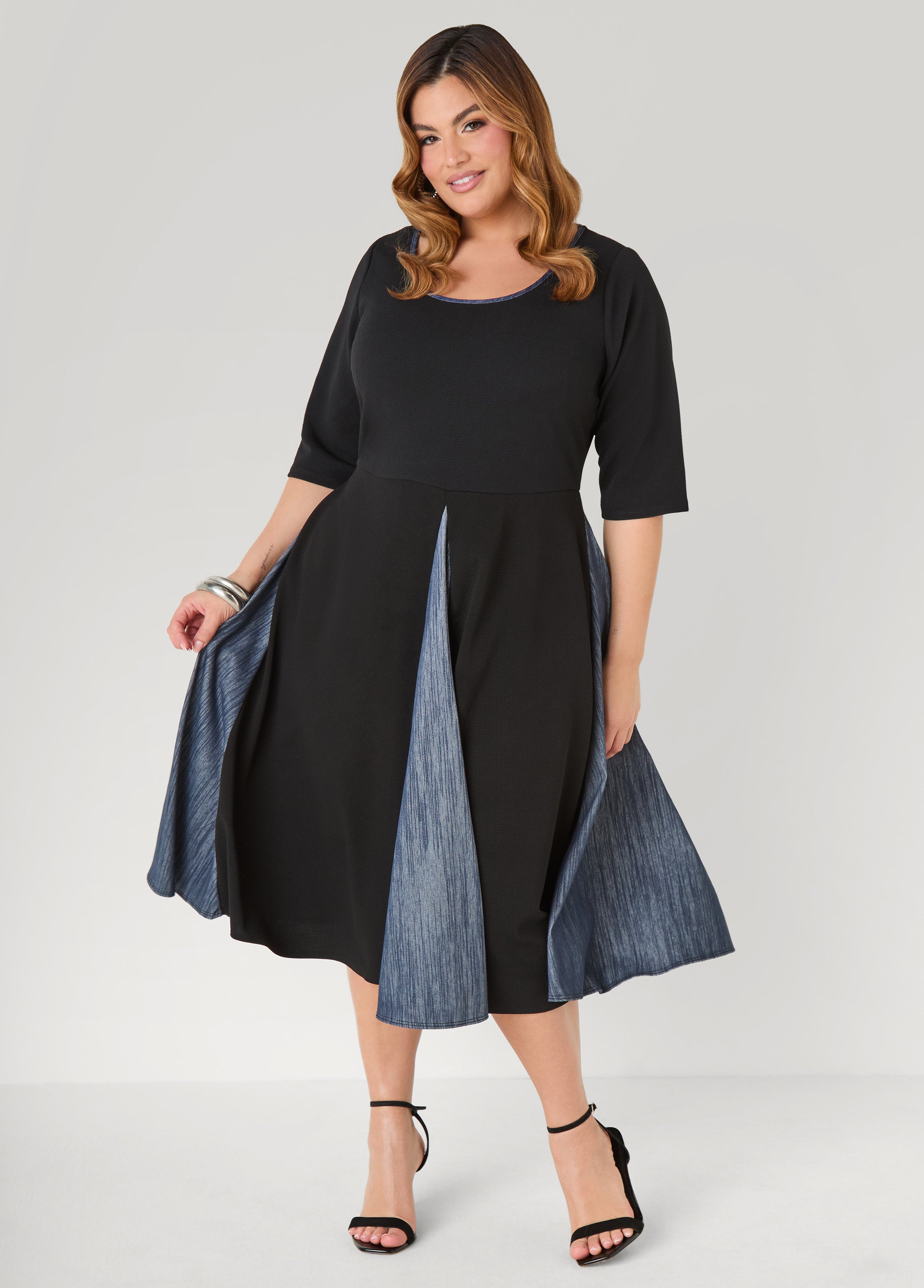 Denim Paneled A Line Dress Black | Ashley Stewart