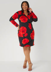 Rose Print Faux Wrap Dress Black Combo | Ashley Stewart