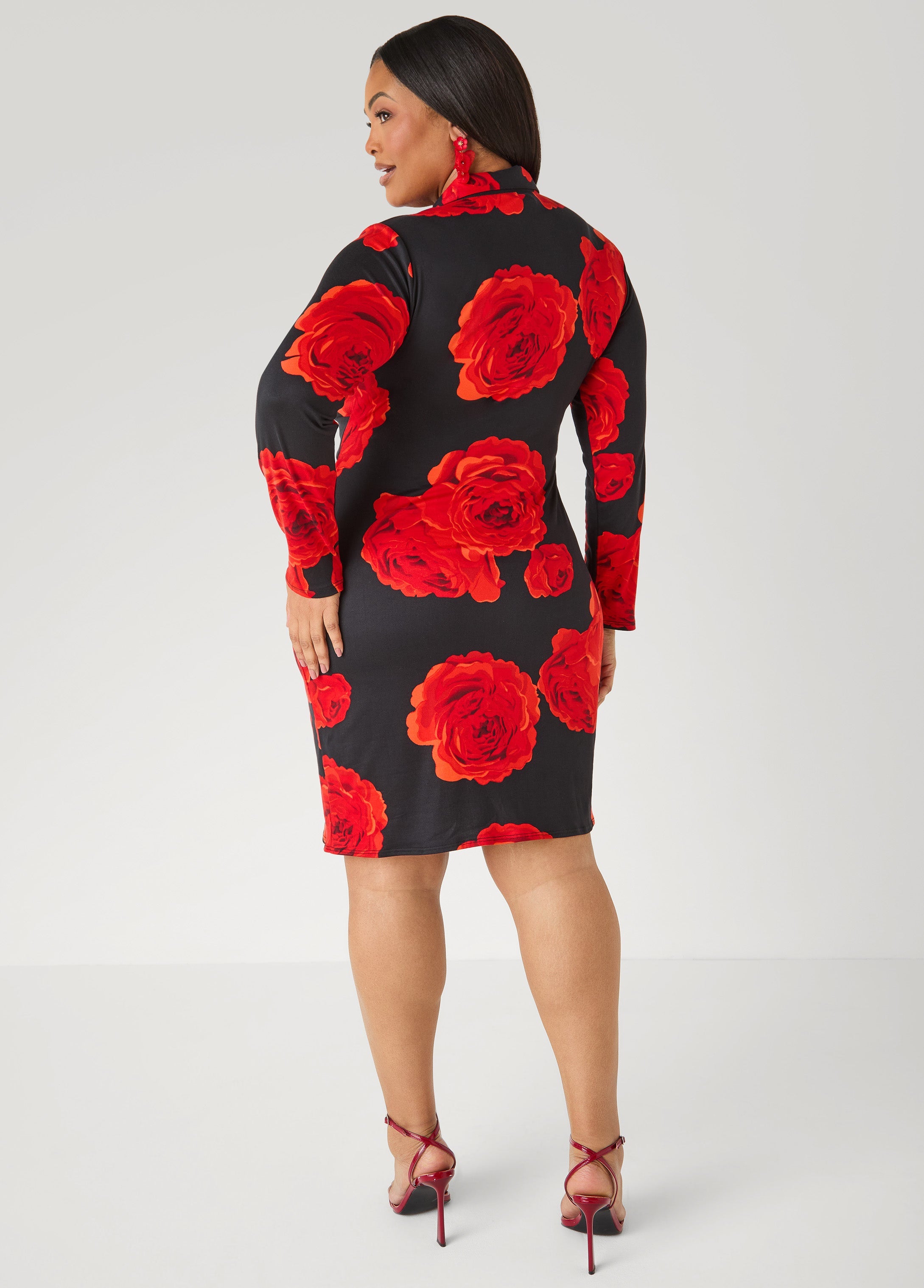 Rose Print Faux Wrap Dress Black Combo | Ashley Stewart