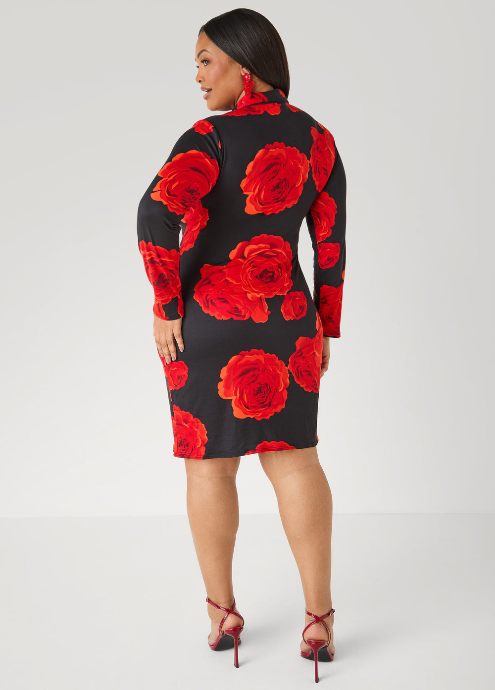 Rose Print Faux Wrap Dress Black Combo | Ashley Stewart