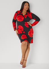 Rose Print Faux Wrap Dress Black Combo | Ashley Stewart