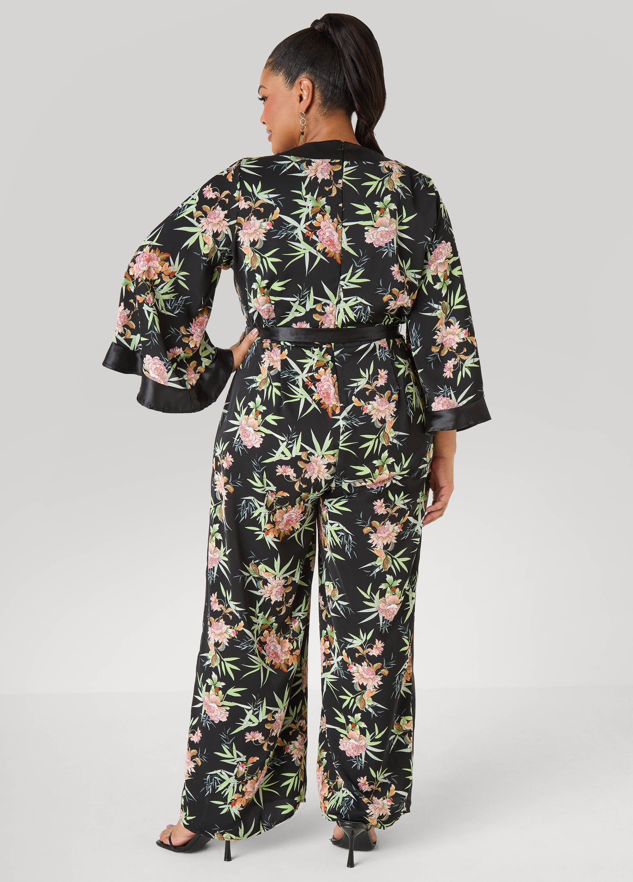 Floral Faux Wrap Jumpsuit Black Combo | Ashley Stewart