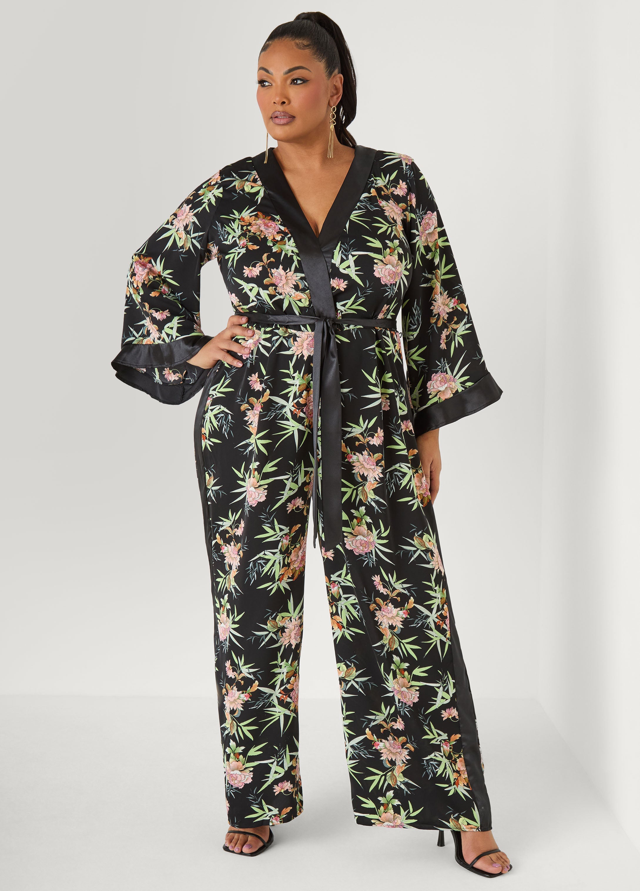 Floral Faux Wrap Jumpsuit Black Combo | Ashley Stewart