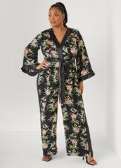 Floral Faux Wrap Jumpsuit Black Combo | Ashley Stewart