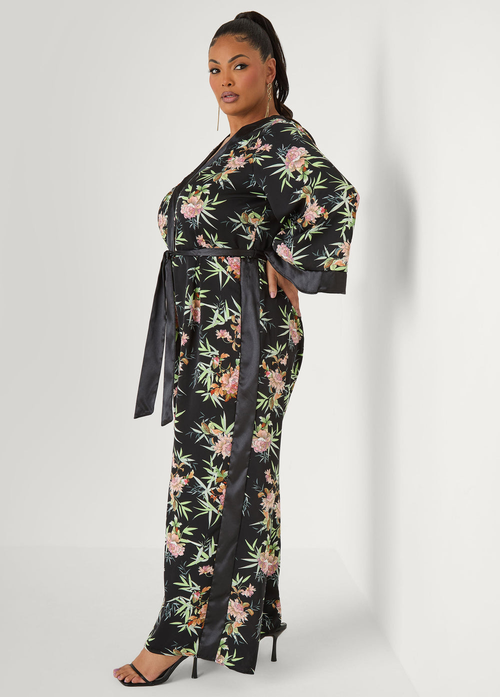 Floral Faux Wrap Jumpsuit Black Combo | Ashley Stewart