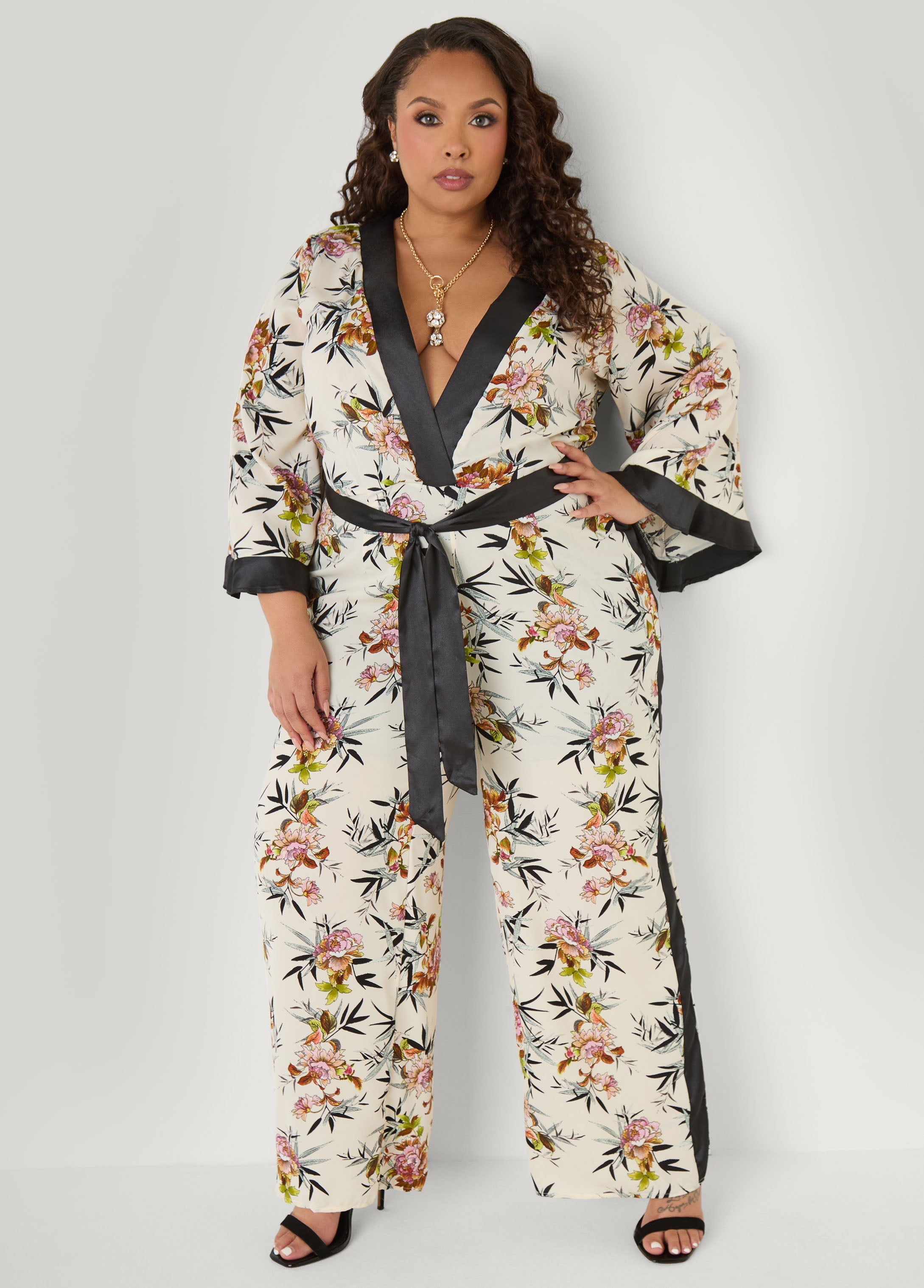 Floral Faux Wrap Jumpsuit Black Combo | Ashley Stewart
