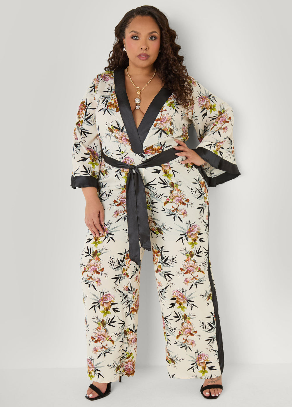 Floral Faux Wrap Jumpsuit Black Combo | Ashley Stewart