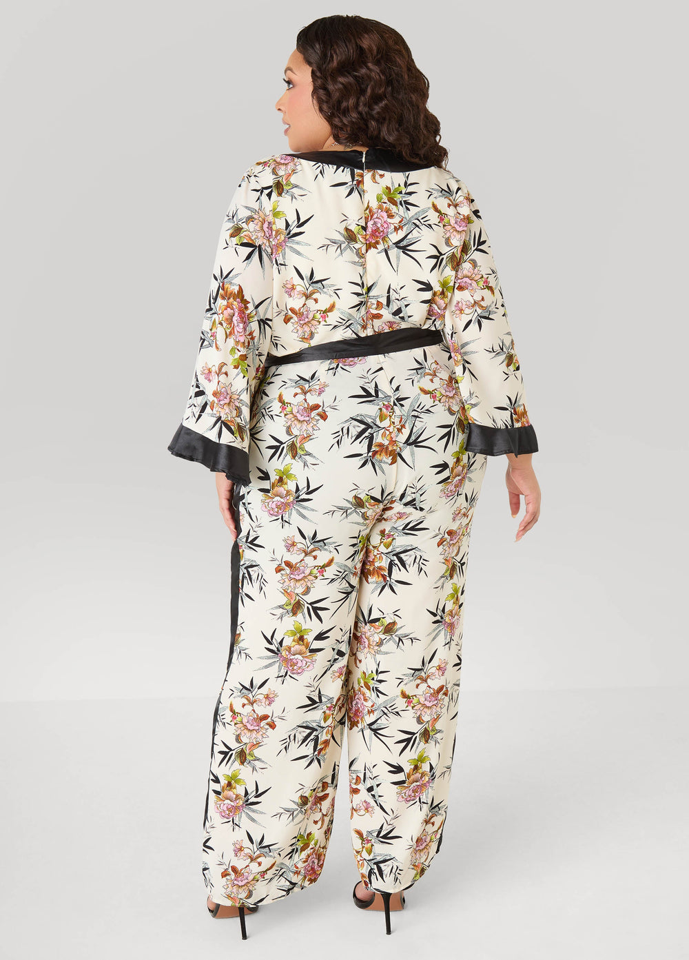 Floral Faux Wrap Jumpsuit Black Combo | Ashley Stewart