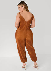 Plisse Satin Balloon Leg Jumpsuit Caramel Cafe | Ashley Stewart
