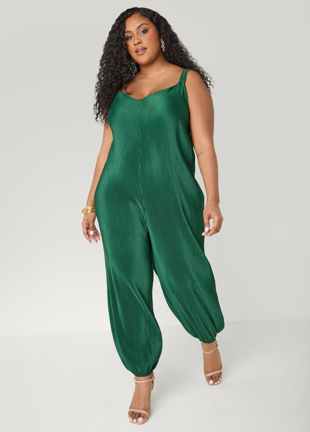 Plisse Satin Balloon Leg Jumpsuit Caramel Cafe | Ashley Stewart