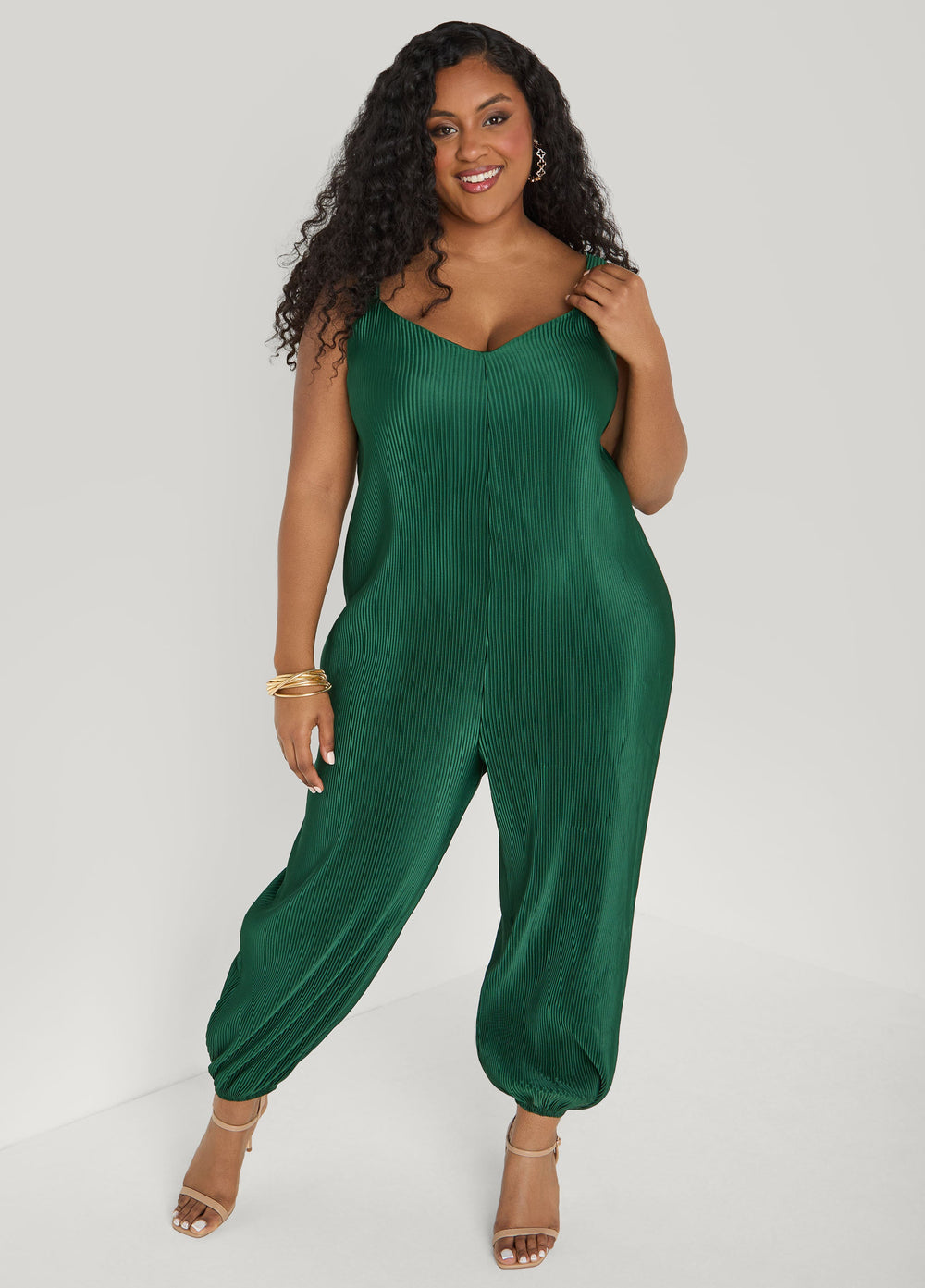 Plisse Satin Balloon Leg Jumpsuit Caramel Cafe | Ashley Stewart