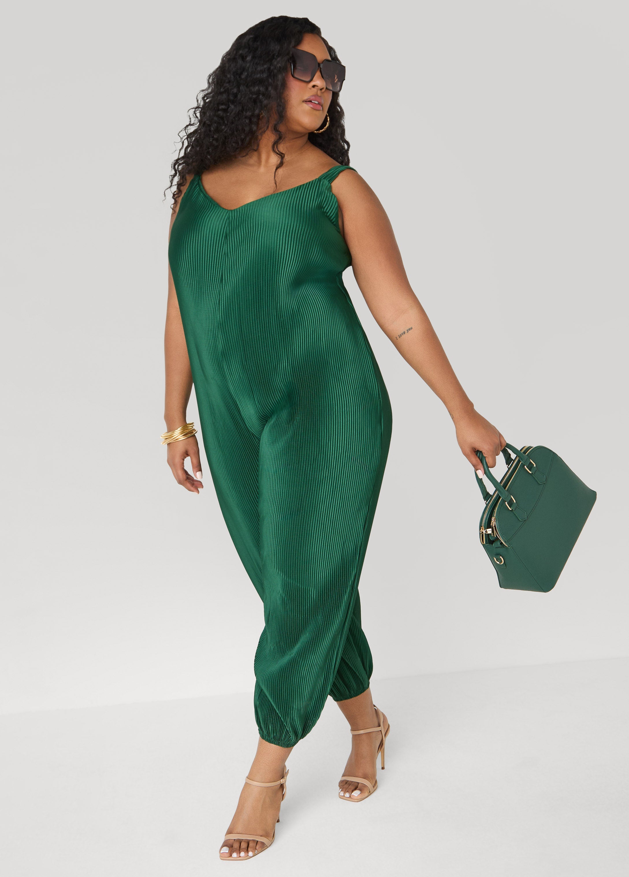 Plisse Satin Balloon Leg Jumpsuit Caramel Cafe | Ashley Stewart