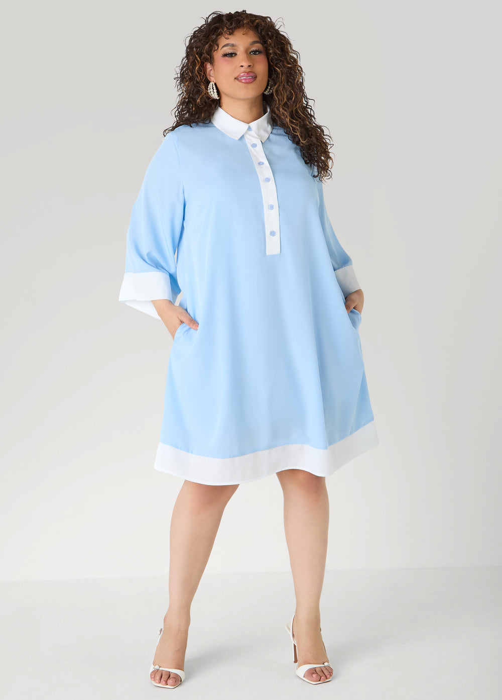 Two Tone Swing Shirtdress POWDER BLUE | Ashley Stewart