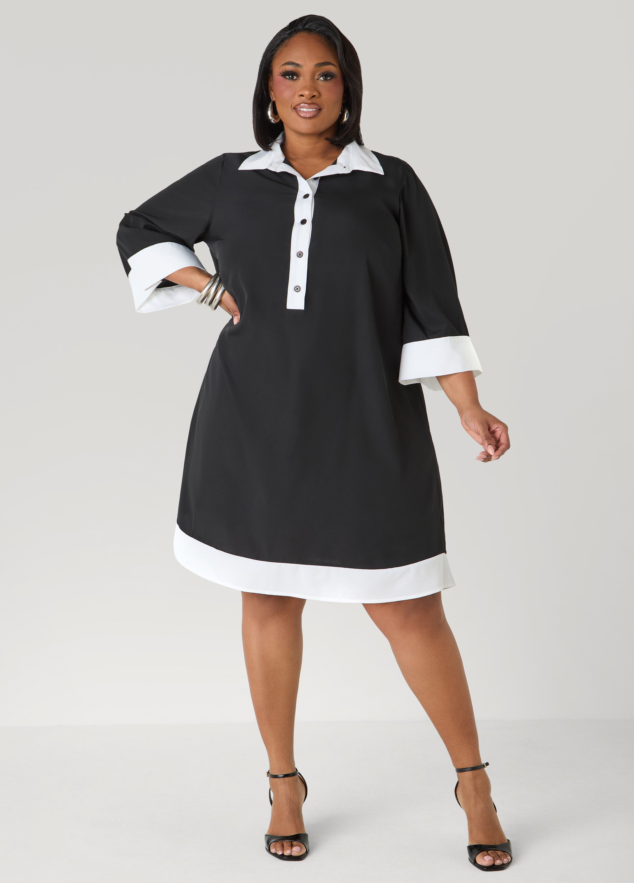 Two Tone Swing Shirtdress POWDER BLUE | Ashley Stewart