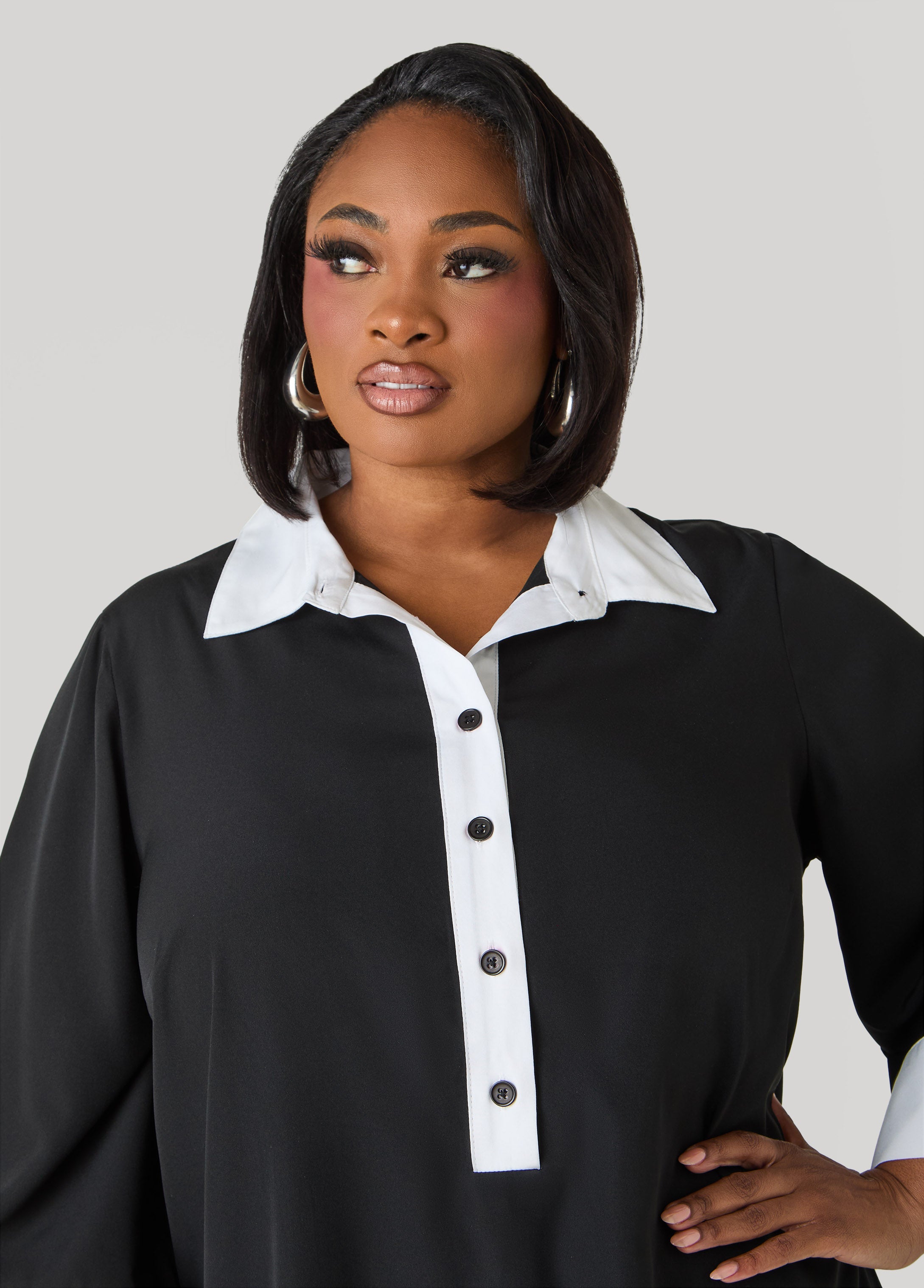 Two Tone Swing Shirtdress POWDER BLUE | Ashley Stewart