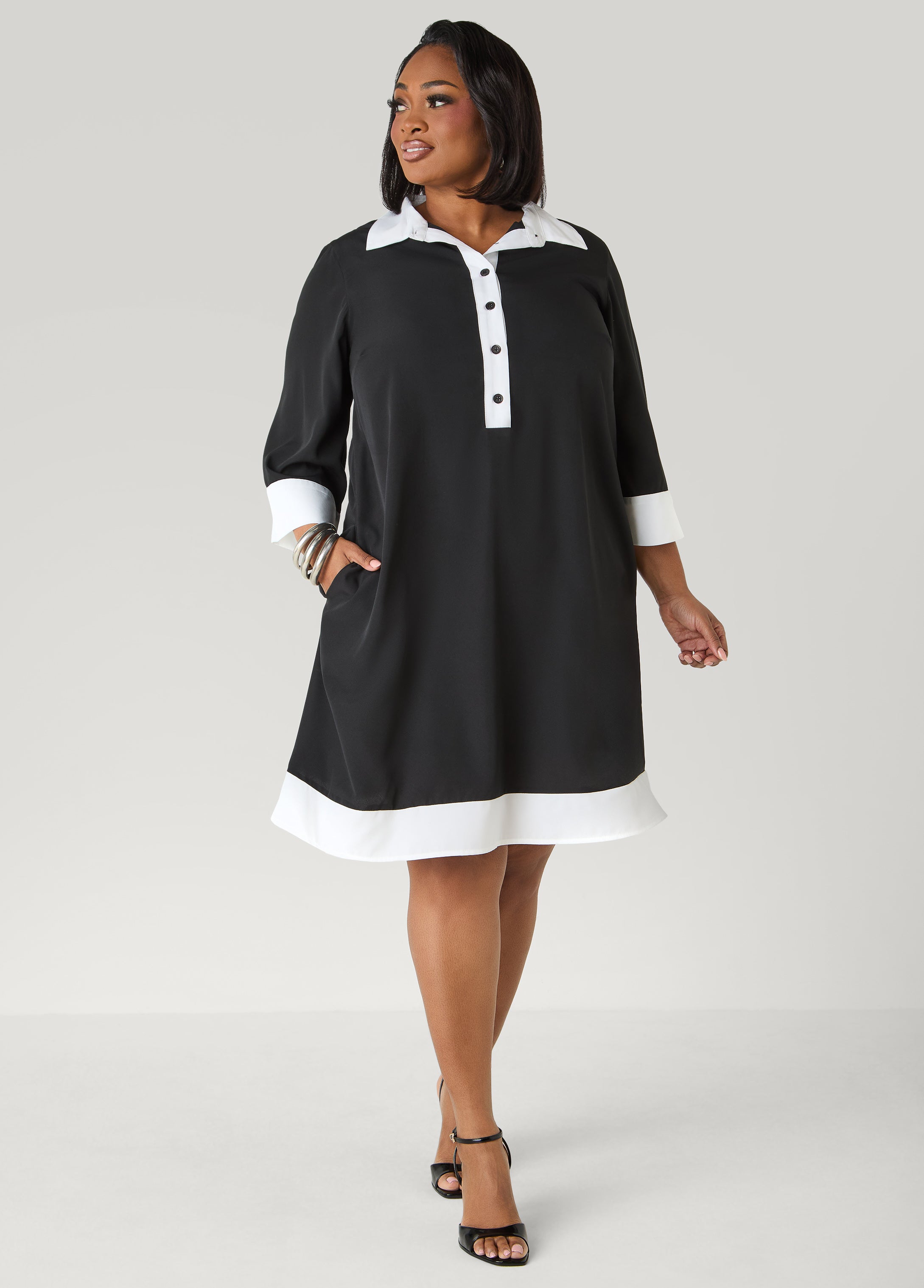 Two Tone Swing Shirtdress POWDER BLUE | Ashley Stewart