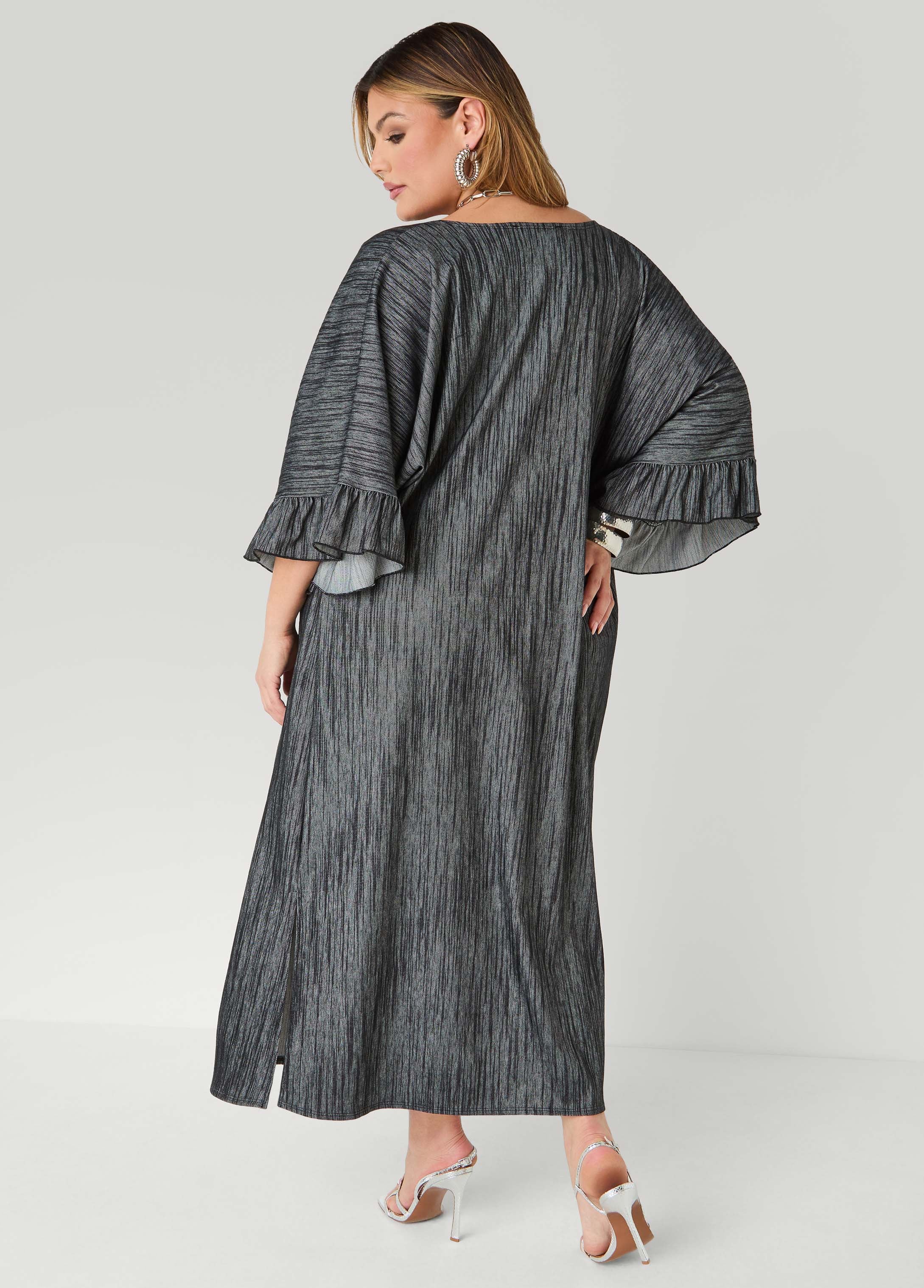 Ruffled Textured Denim Duster Denim Blue | Ashley Stewart