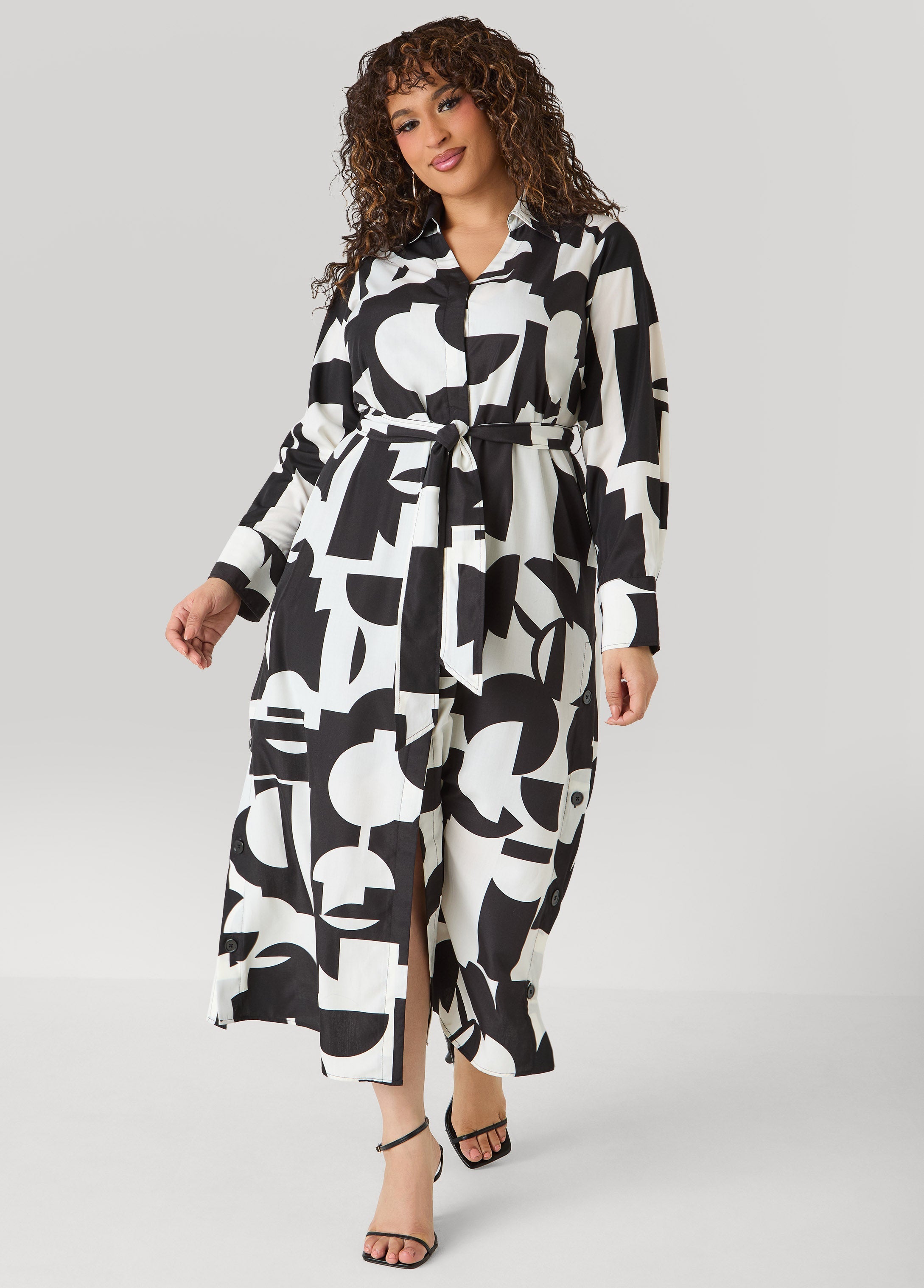 Button Detail Geo Maxi Shirtdress Black White | Ashley Stewart