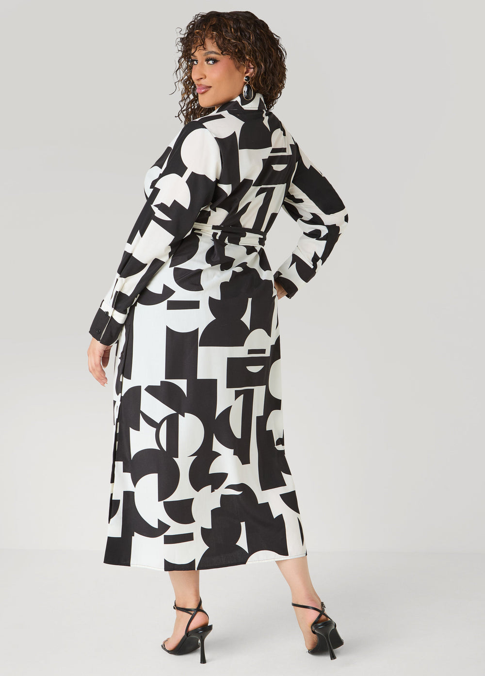 Button Detail Geo Maxi Shirtdress Black White | Ashley Stewart