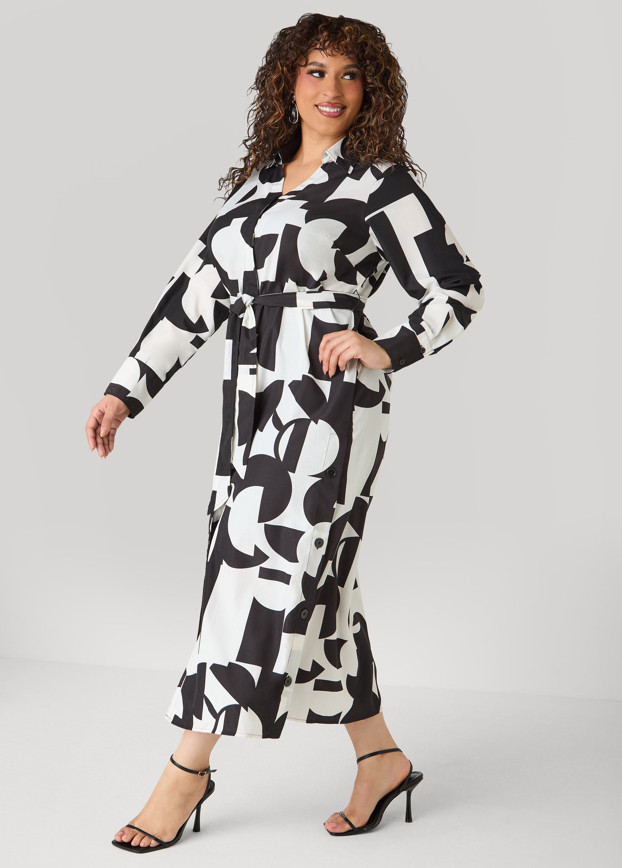 Button Detail Geo Maxi Shirtdress Black White | Ashley Stewart