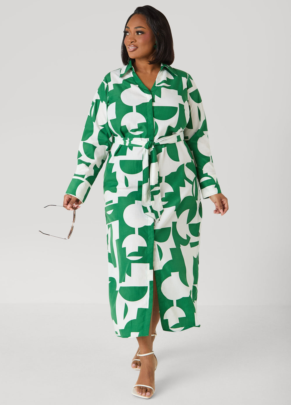 Button Detail Geo Maxi Shirtdress Black White | Ashley Stewart