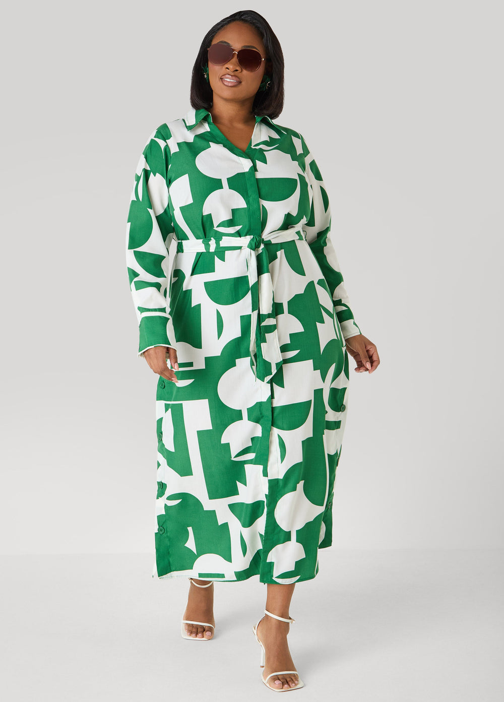 Button Detail Geo Maxi Shirtdress Black White | Ashley Stewart
