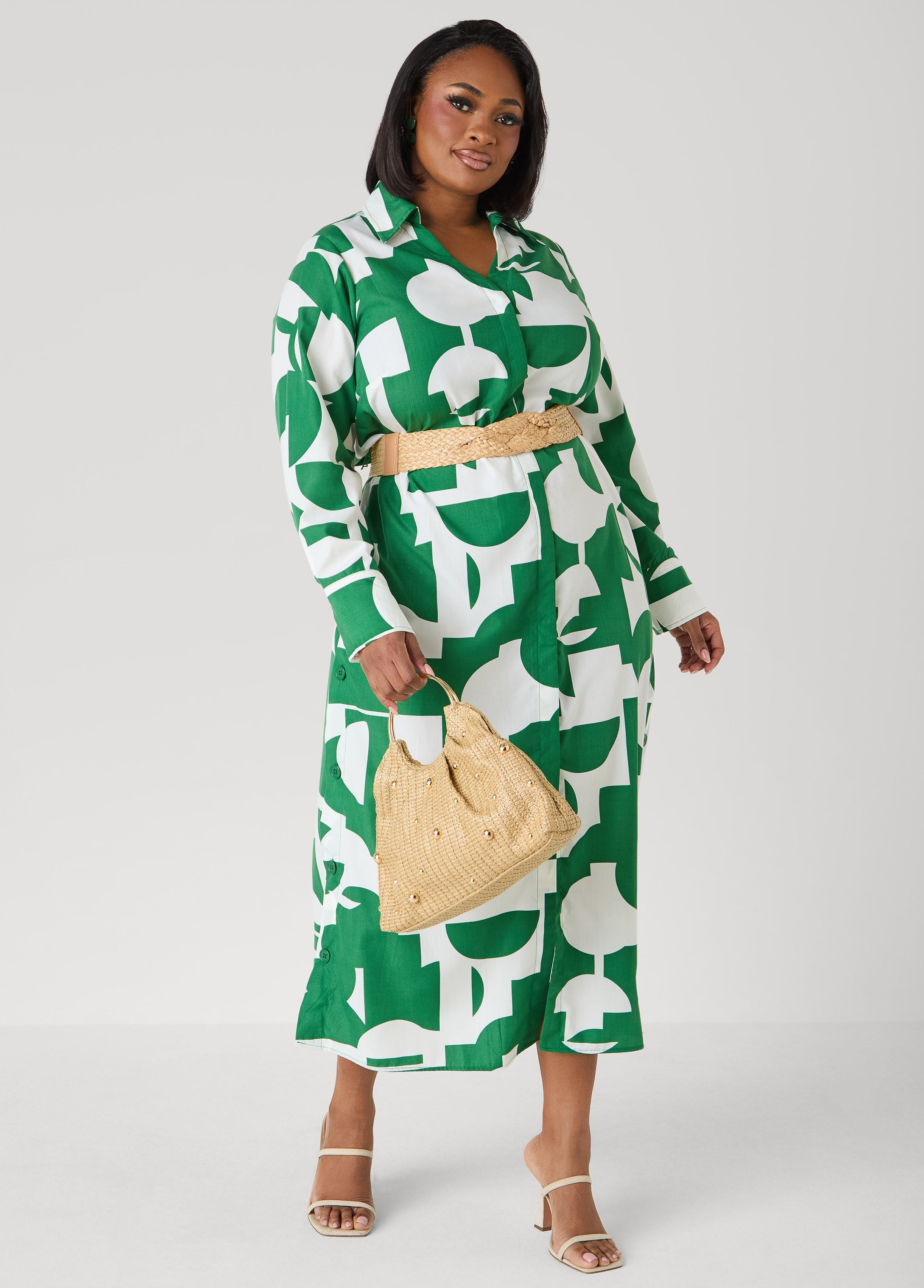 Button Detail Geo Maxi Shirtdress Black White | Ashley Stewart