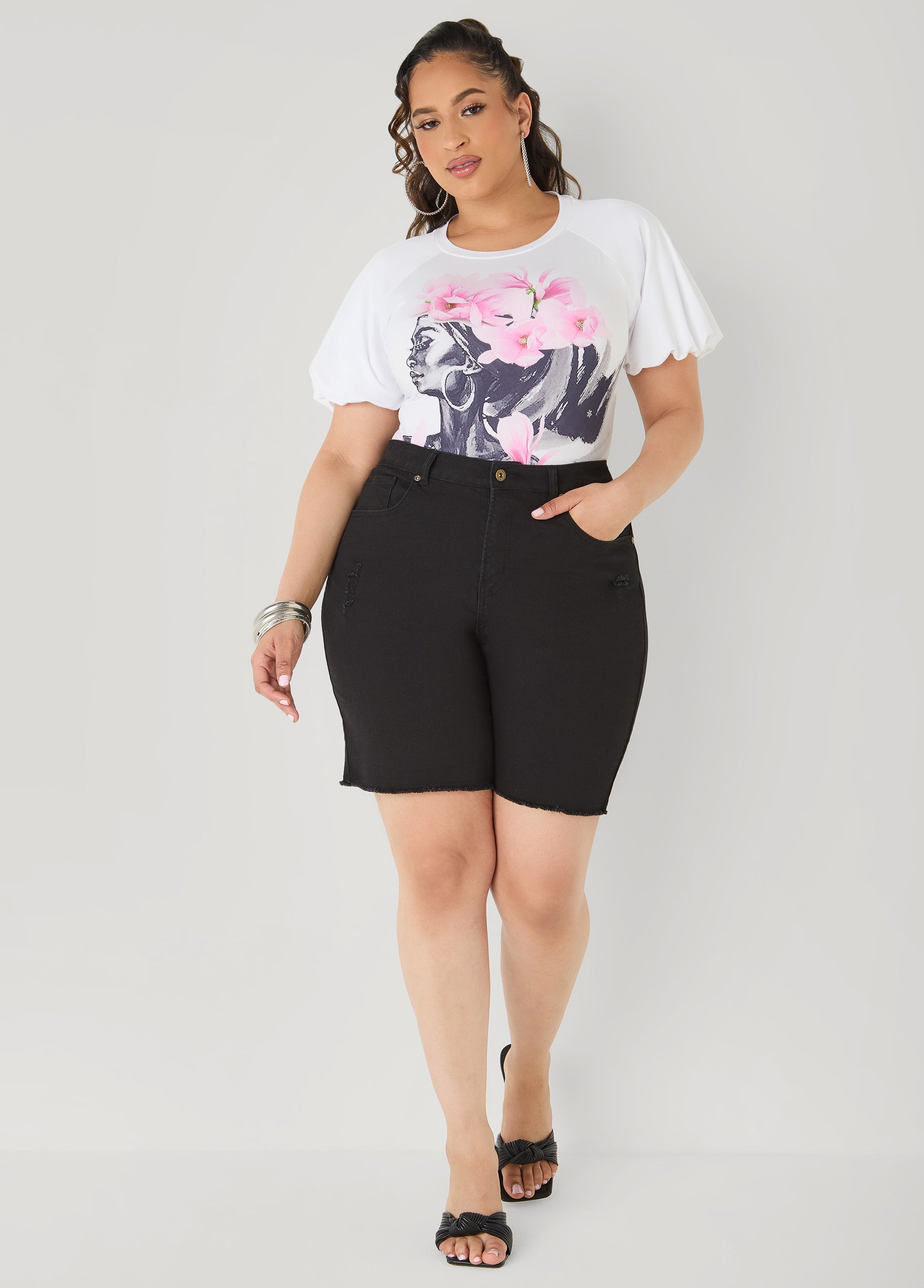 Flower Queen Puff Sleeved Tee White | Ashley Stewart