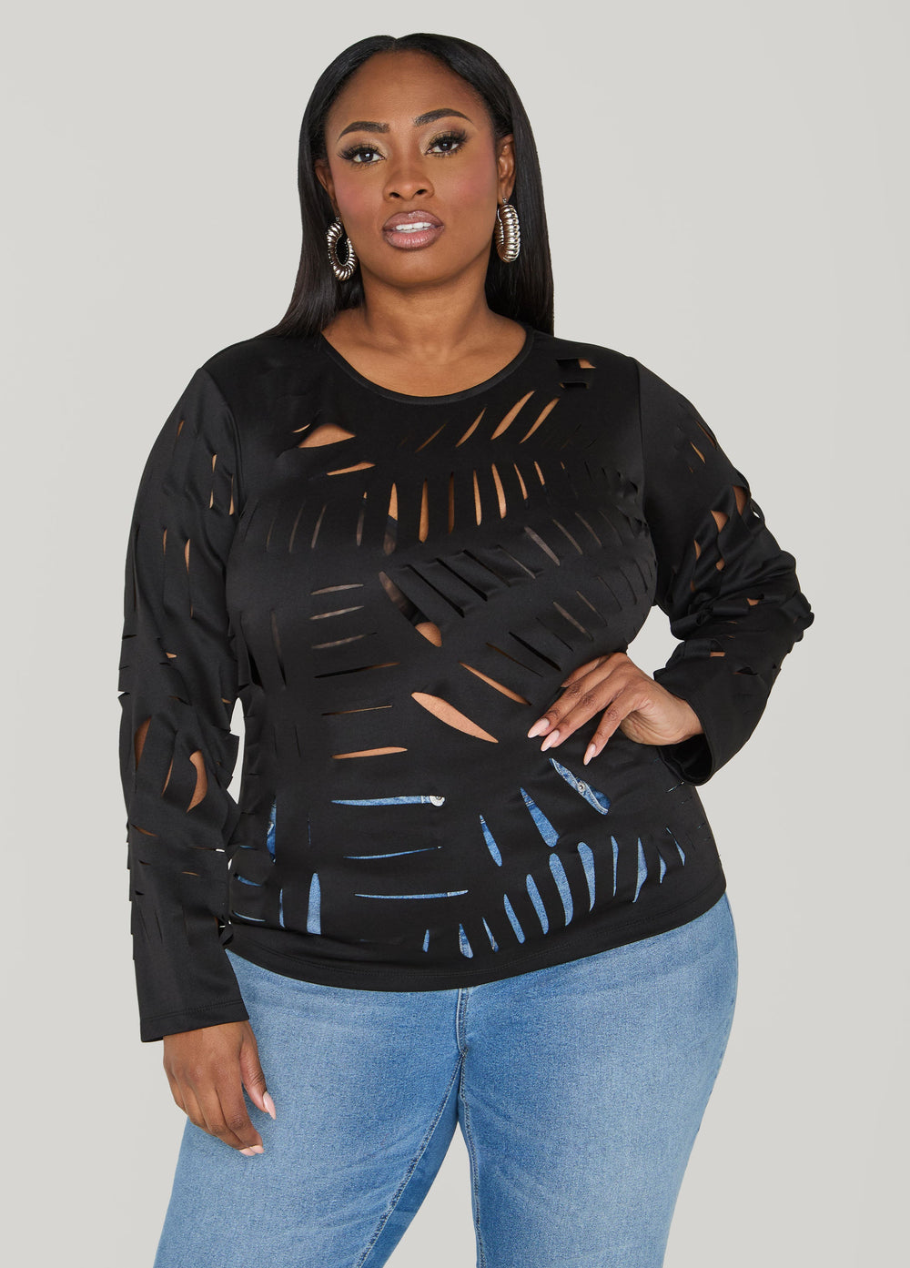 Laser Cut Scuba Top Black | Ashley Stewart
