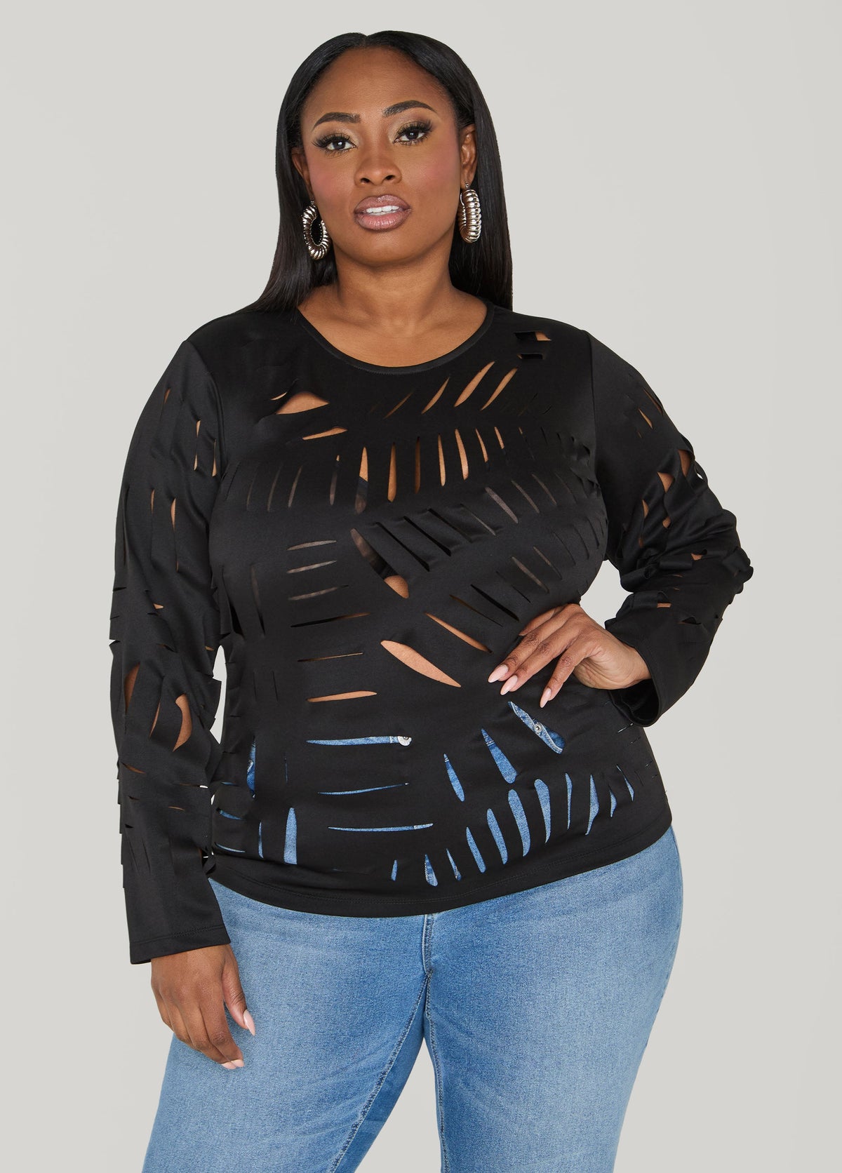 Laser Cut Scuba Top Black | Ashley Stewart