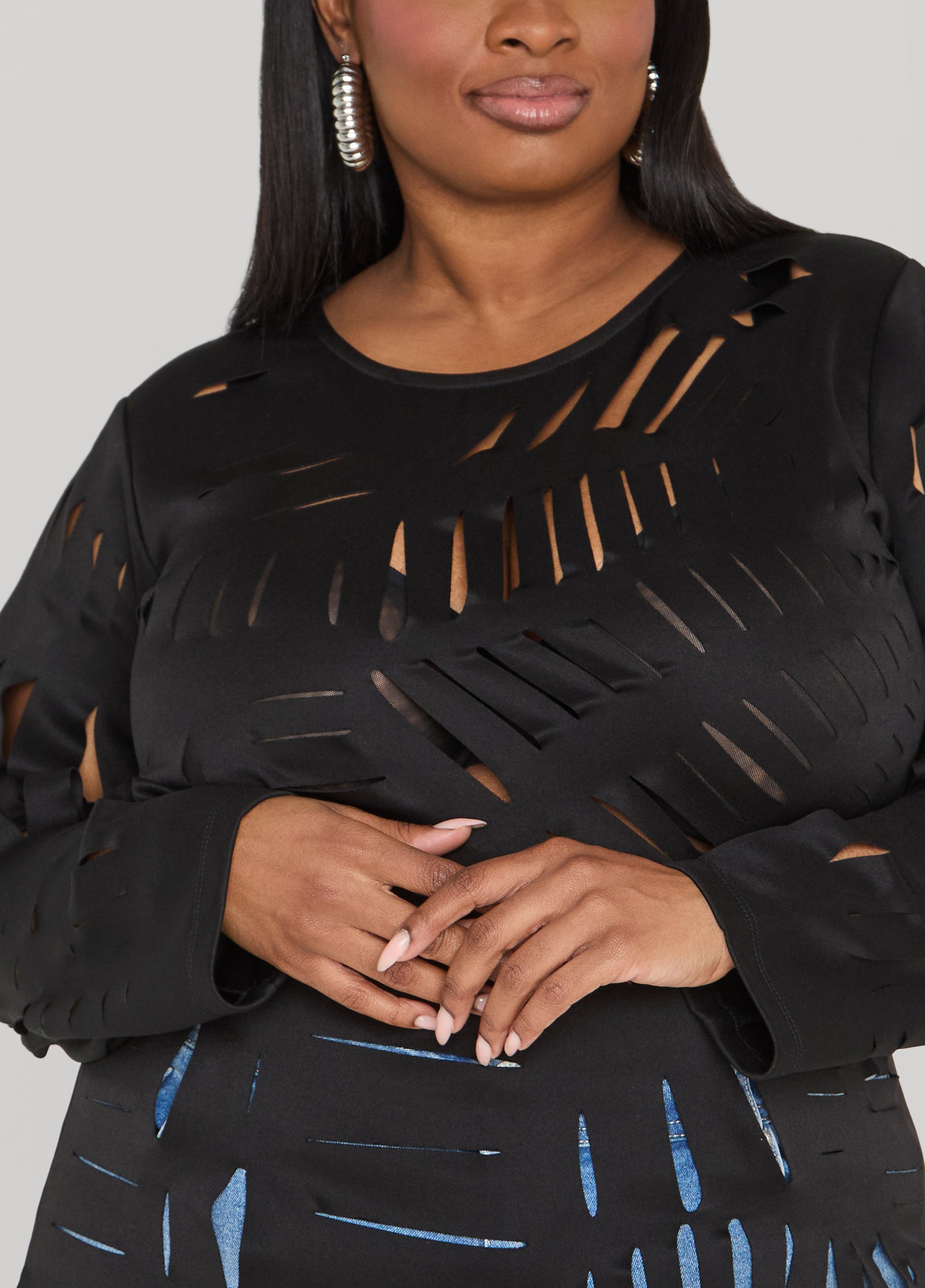 Laser Cut Scuba Top Black | Ashley Stewart