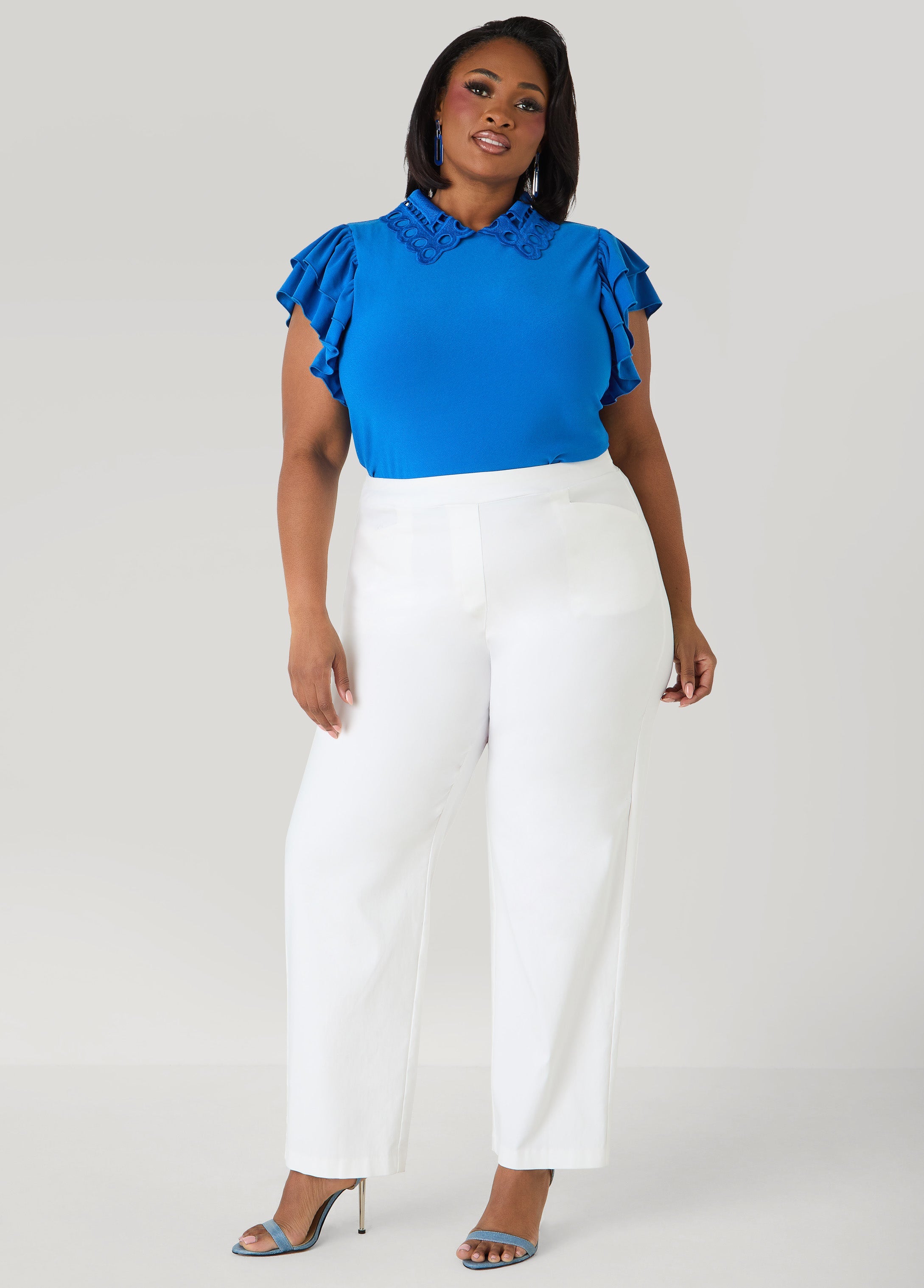 Eyelet Paneled Stretch Knit Top Victoria Blue | Ashley Stewart