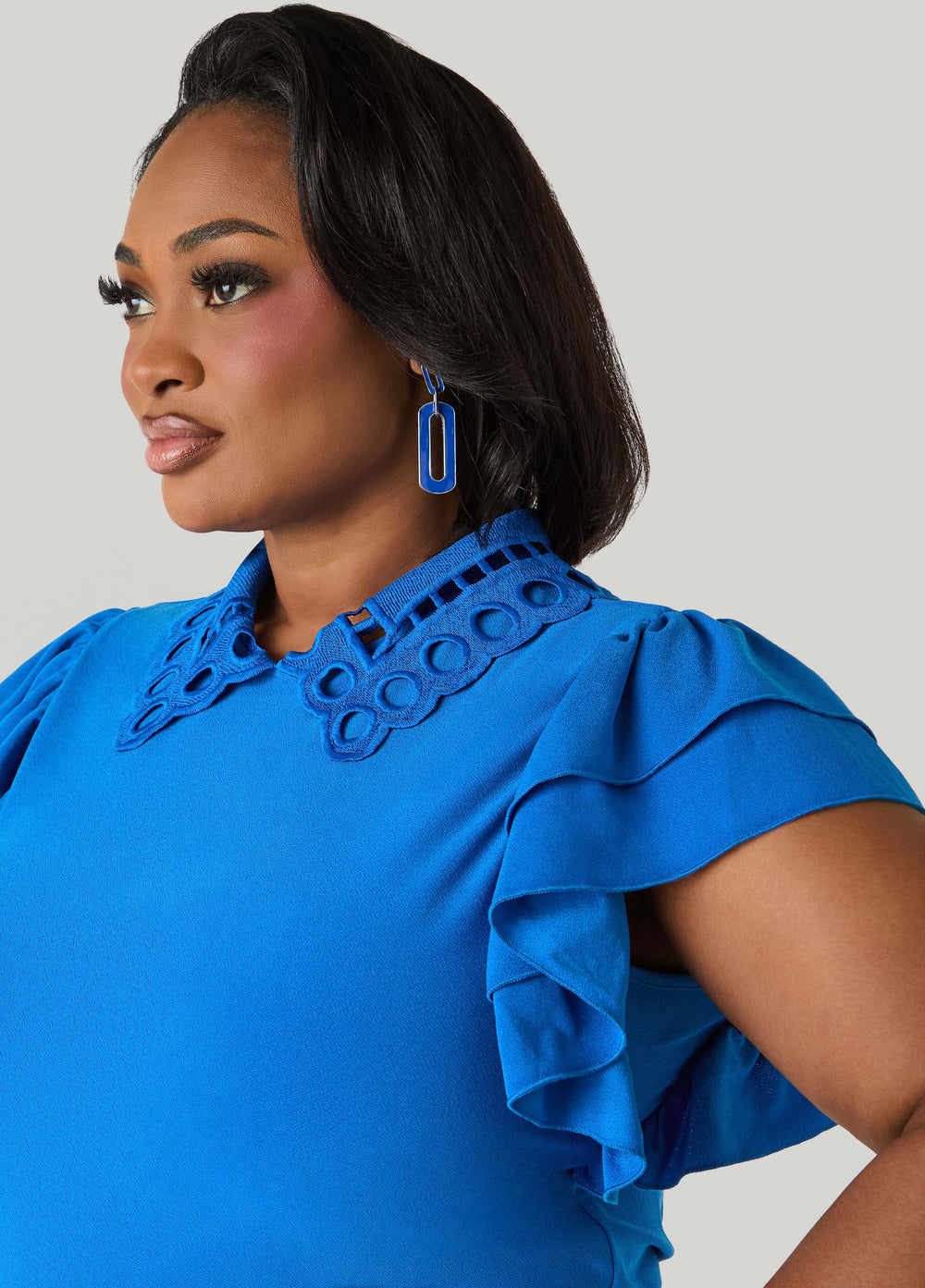 Eyelet Paneled Stretch Knit Top Victoria Blue | Ashley Stewart