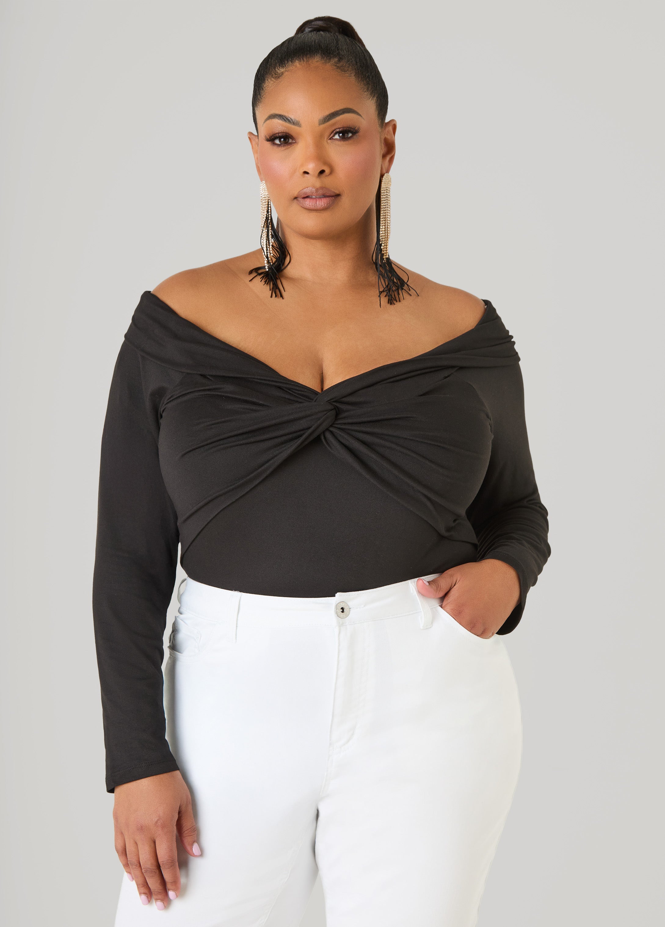 Knotted Long Sleeved Bodysuit Black | Ashley Stewart