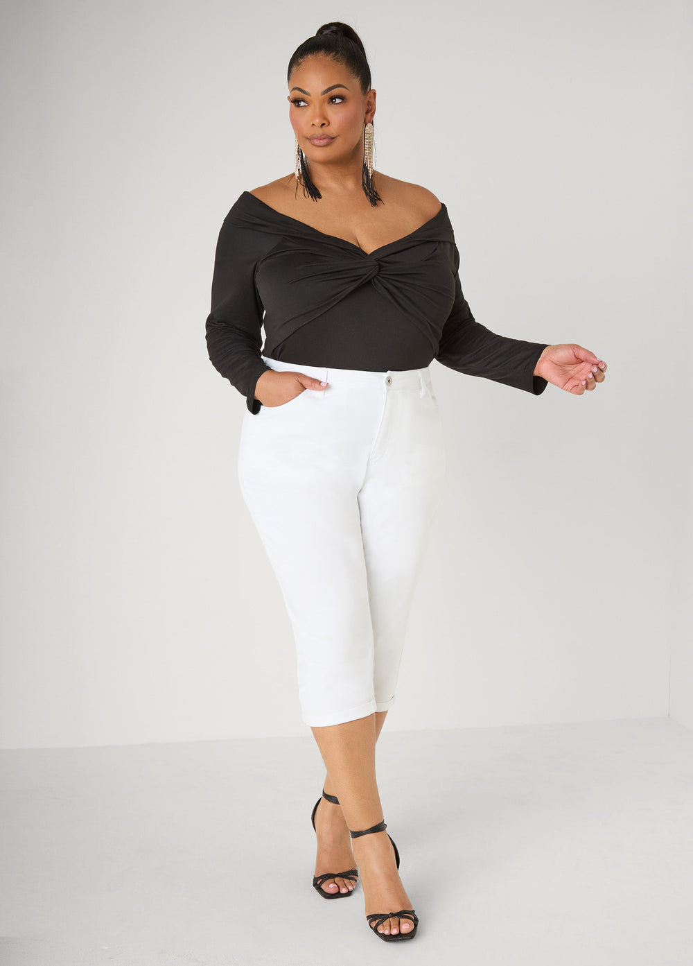 Knotted Long Sleeved Bodysuit Black | Ashley Stewart