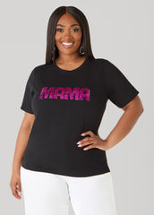 Mama Sequined Tee Black | Ashley Stewart