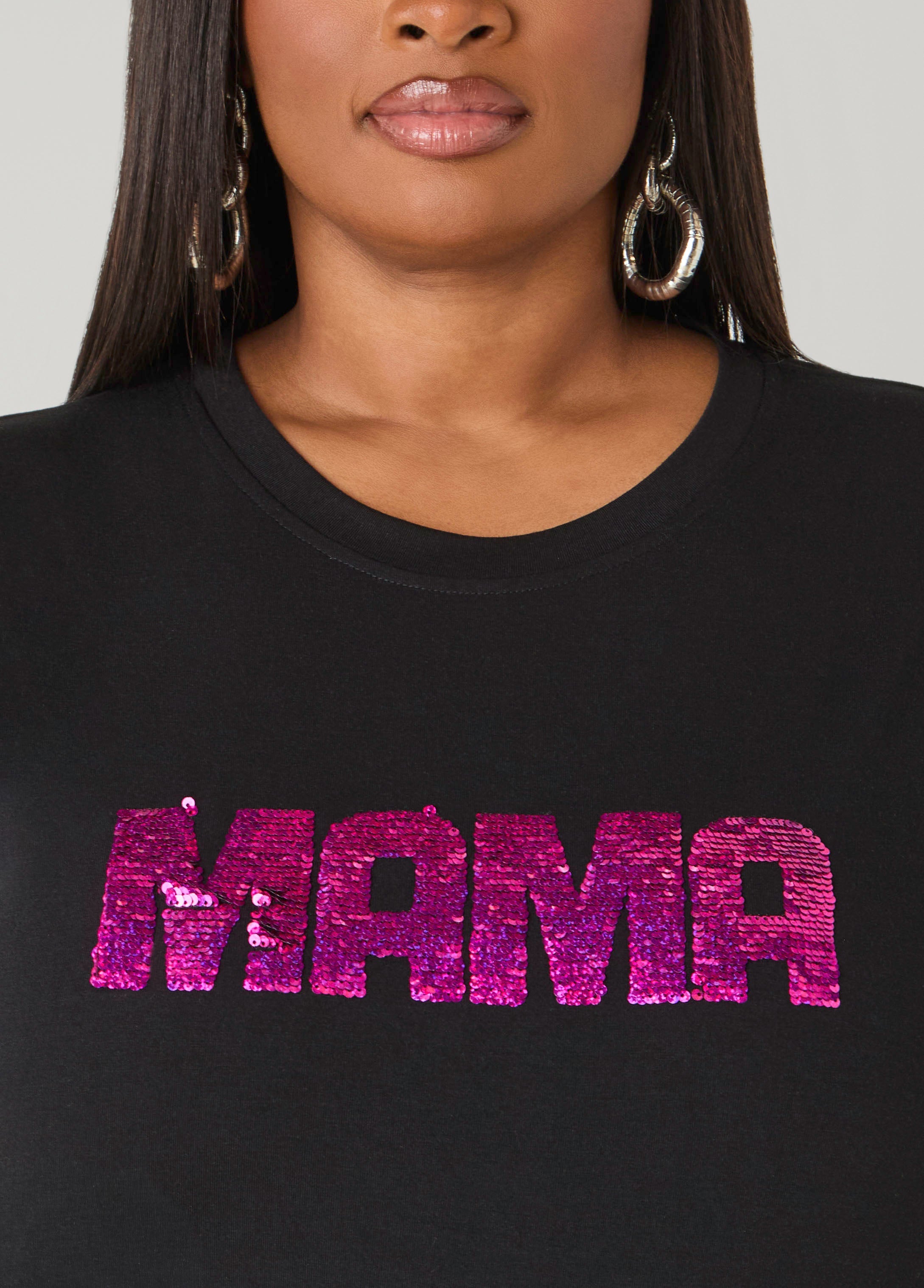 Mama Sequined Tee Black | Ashley Stewart