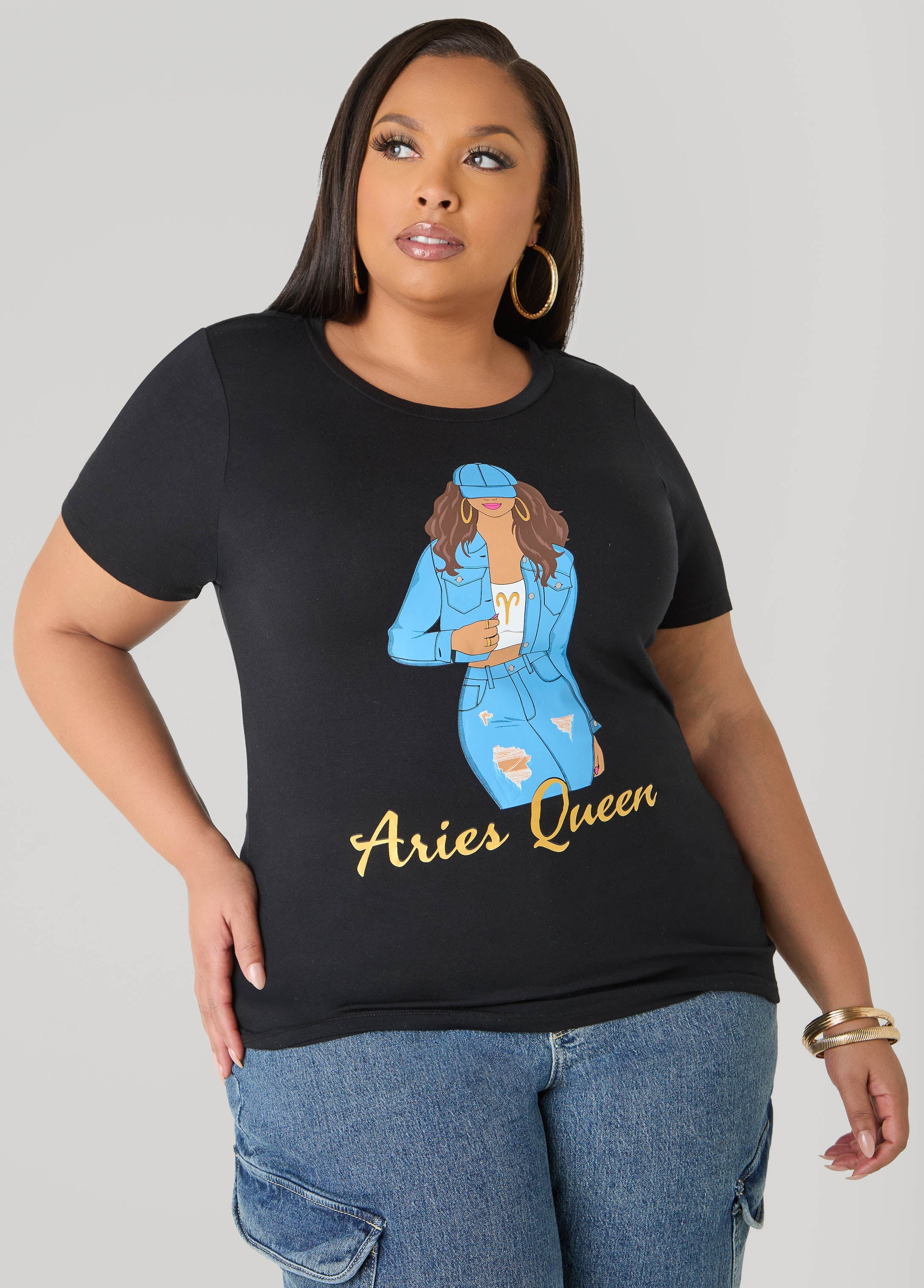 Metallic Aries Queen Graphic Tee Black | Ashley Stewart