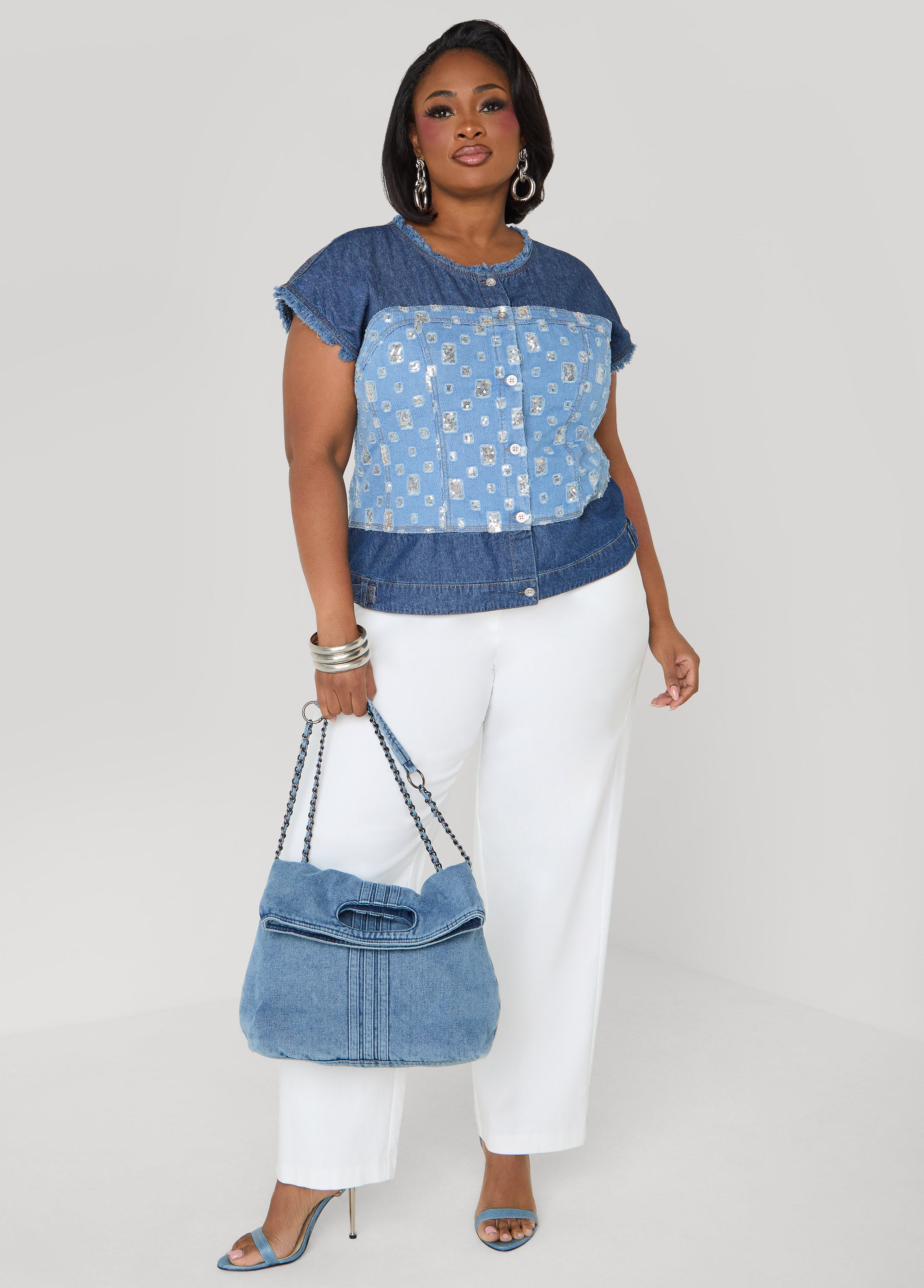 Distressed Embellished Denim Shirt Denim | Ashley Stewart