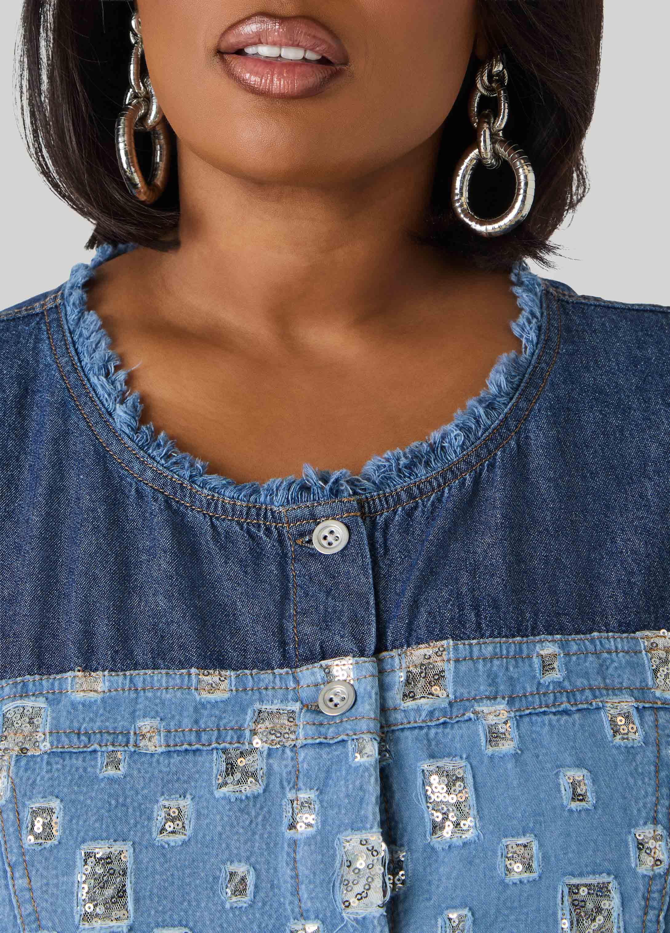 Distressed Embellished Denim Shirt Denim | Ashley Stewart