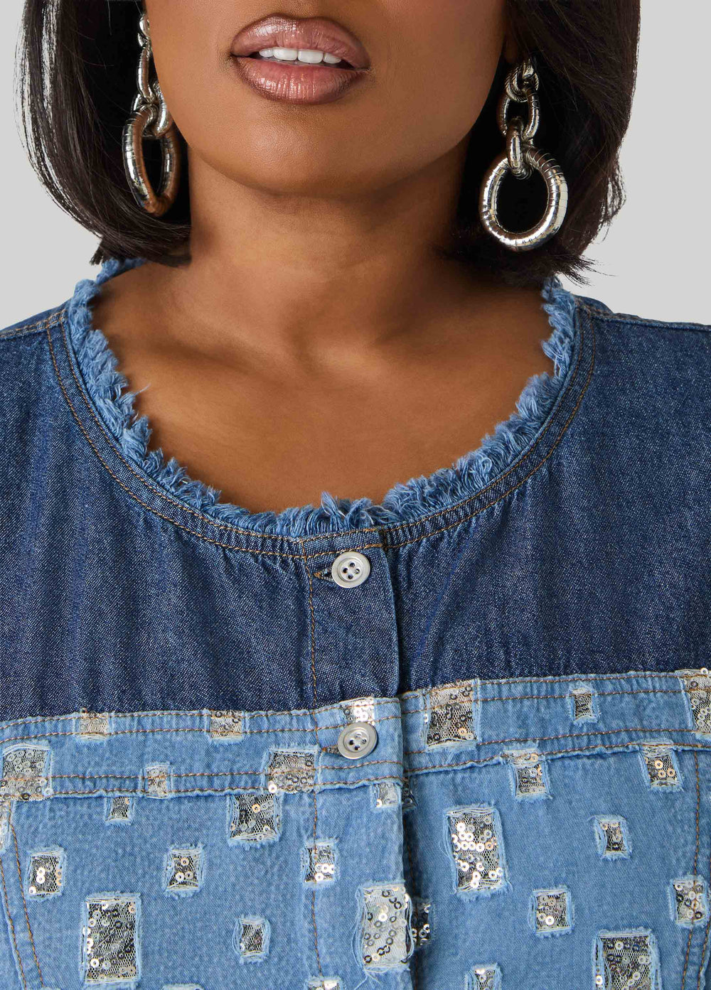 Distressed Embellished Denim Shirt Denim | Ashley Stewart