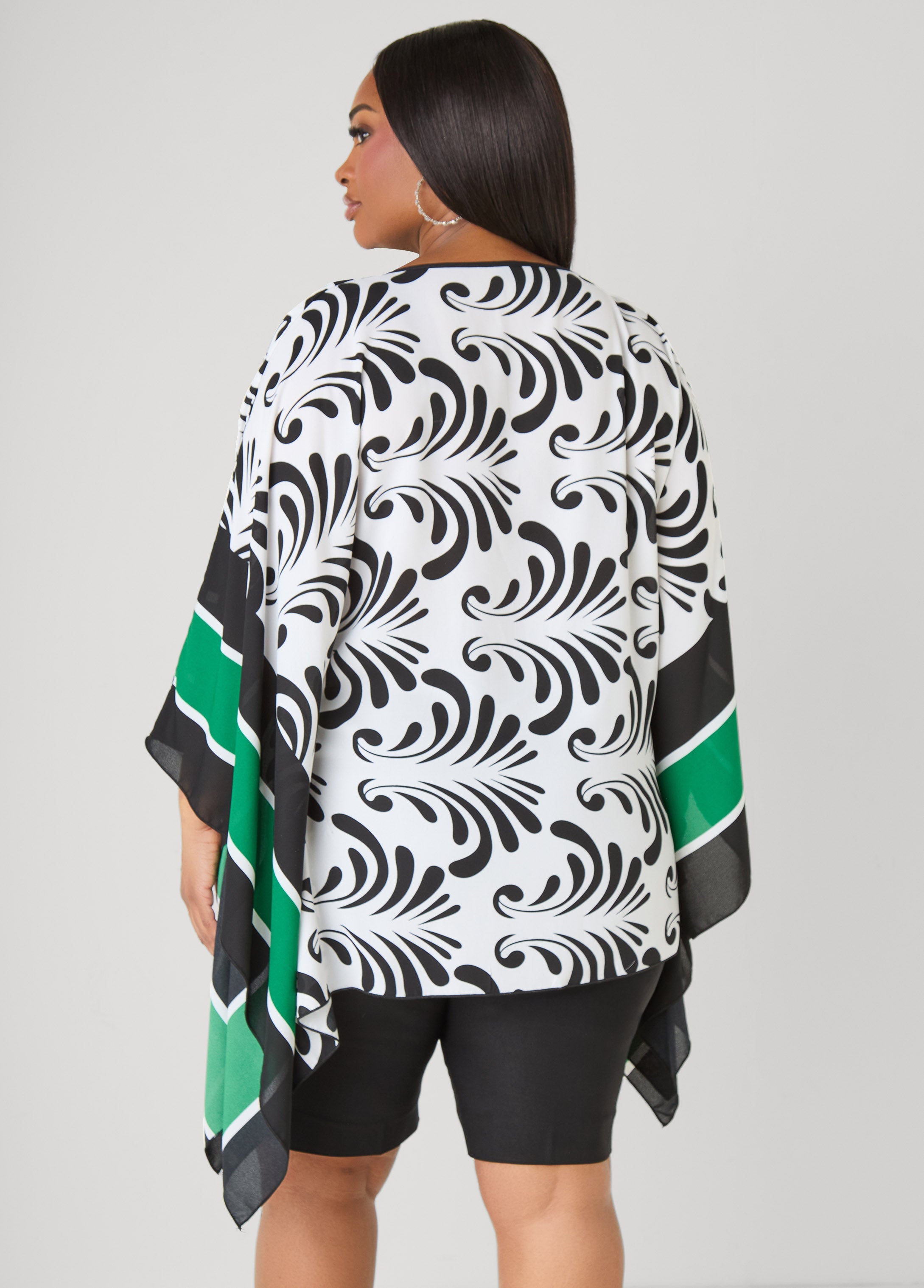 Printed Drama Sleeve Tunic White Black | Ashley Stewart